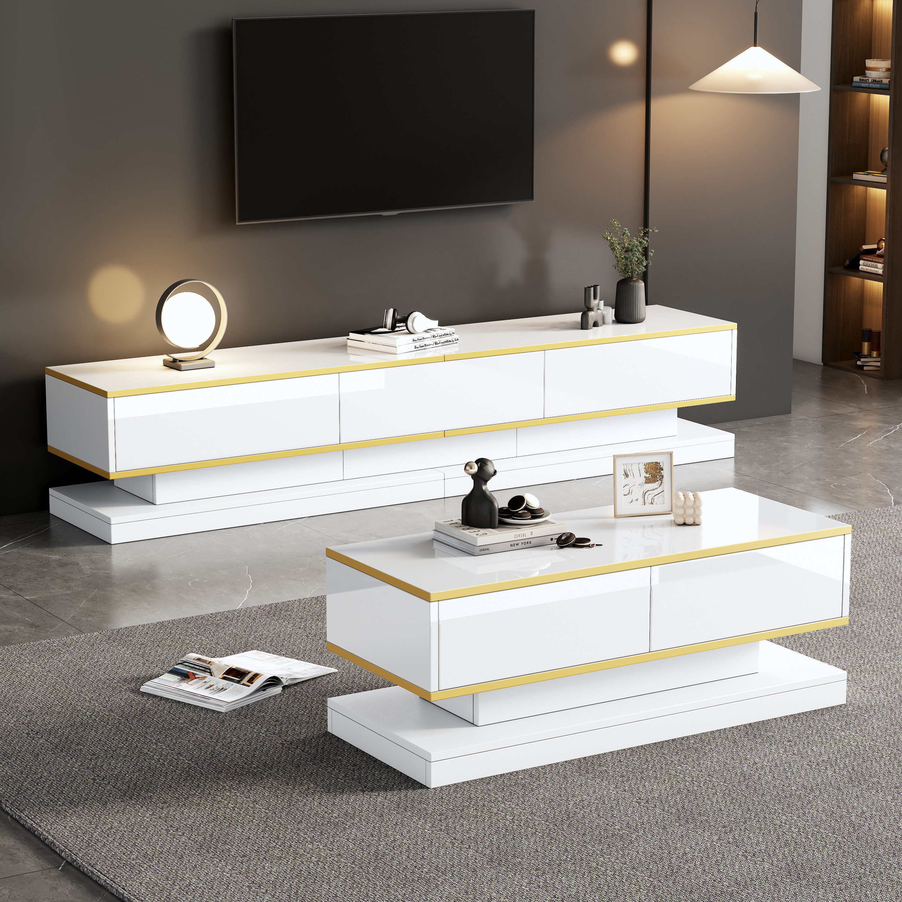 Merax Wohnzimmer-Set MODERN-121, Warmweiß mit Goldkante, (2-St), Hochglanz-TV-Lowboard 200 cm & Couchtisch 100 cm, Push-to-Open