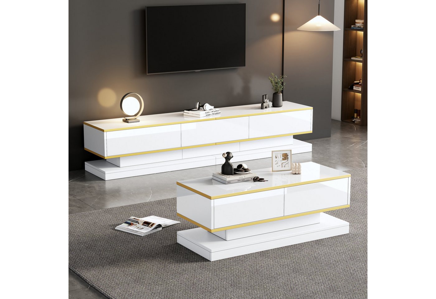 Merax Wohnzimmer-Set MODERN-121, Warmweiß mit Goldkante, (2-St), Hochglanz-TV-Lowboard 200 cm & Couchtisch 100 cm, Push-to-Open
