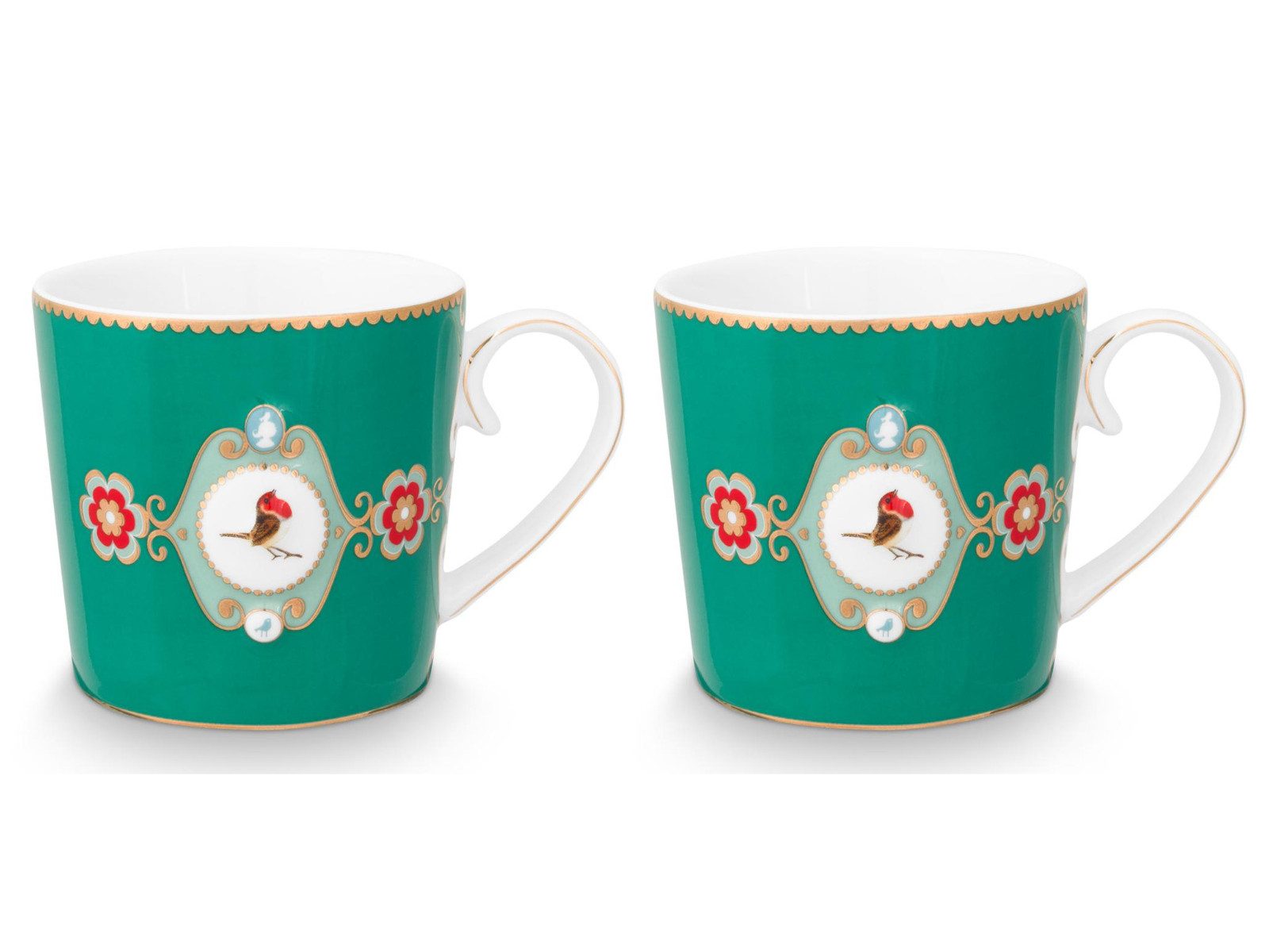 PiP Studio Becher Love Birds Medallion Emerald Henkelbecher Small 0,15l Set2, Porzellan
