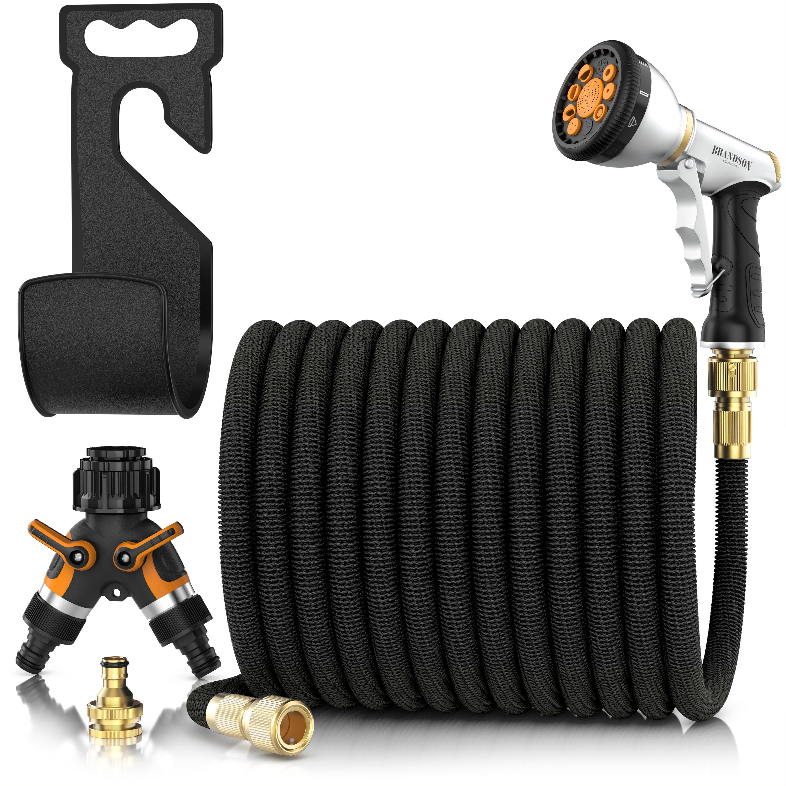 Brandson Gartenschlauch Flexischlauch 22,5 m, Wasserschlauch mit 9-Funktionen-Brause, dehnbar, platzsparend, knickfrei, (Set, 5 St., mit Gartenbrause und 2-Weg-Verteiler), multifunktional, 3/4-Zoll- und 1/2-Zoll-Anschlüsse, Wandaufhängung