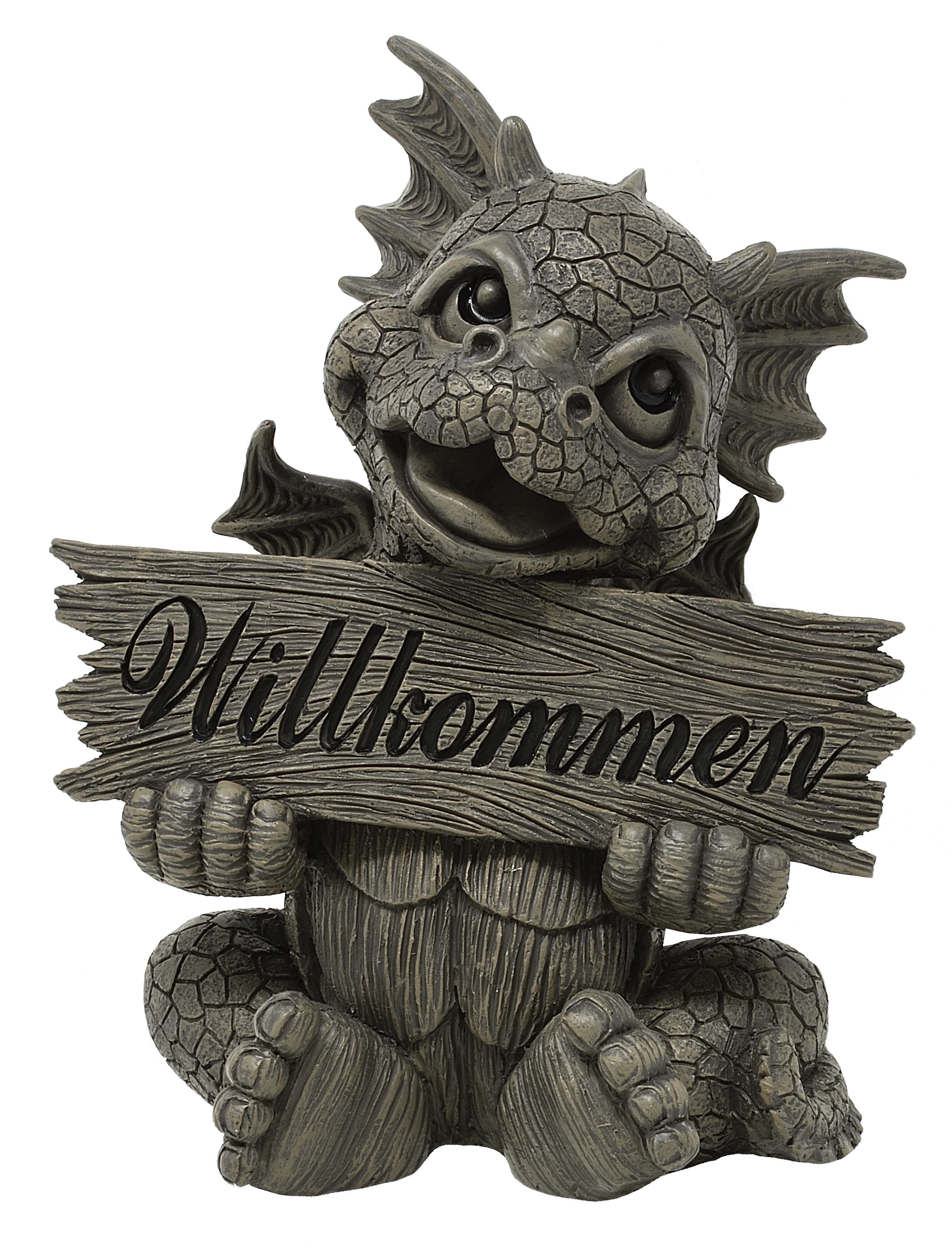 MystiCalls Gartenfigur Gartendrache "Welcome" - Gartendekoration Garten Drache Dekoration, (1 St), Handgearbeitet und handbemalt