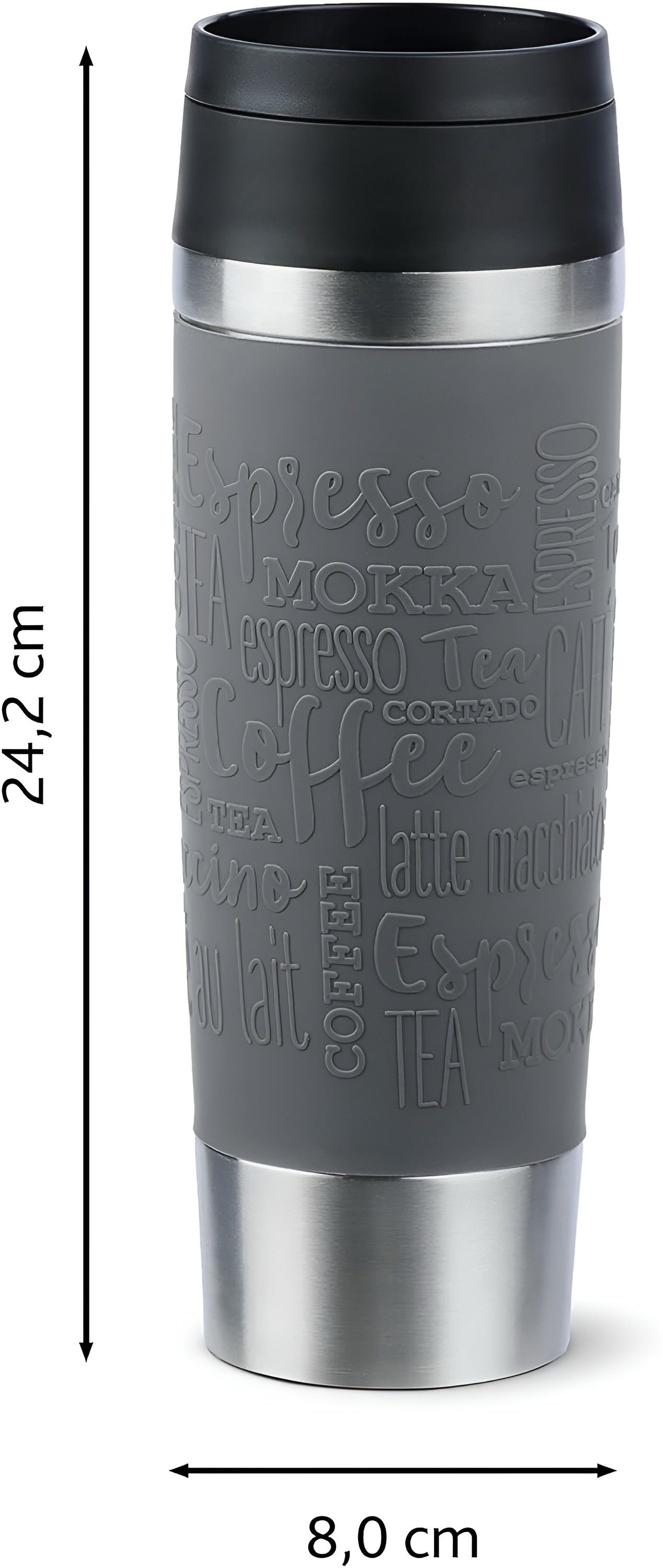 Emsa Thermobecher 100% 360° % ÖFFNEN Deckel, SLEEVE-DESIGN, Kaffeebecher rostfrei, MÜHELOSES L, Ausgießen Pfeffer-Grau MUG QUICK-PRESS-VERSCHLUSS, N20224 Knopfdruck per MODERNES Praktisches, 0,5 spülmaschinenfestes 360°-Decke, Der abnehmbarer Thermo AUSLAUFSICHER, TRINKEN Classic TRAVEL ZU REINIGEN: EINFACH Edelstahl, Design., 100 SCHLIEßEN, Isolierbecher dicht, Grau UND