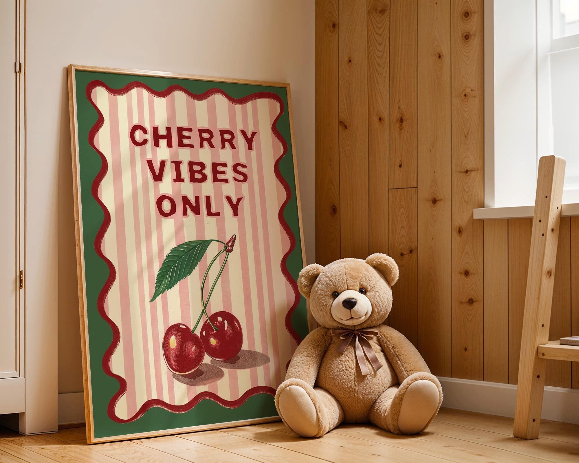 JUSTGOODMOOD Poster Kinderzimmer Kirschen Cherry Vibes Only Fruchtige Wanddeko im Retro Lo, (1 St)