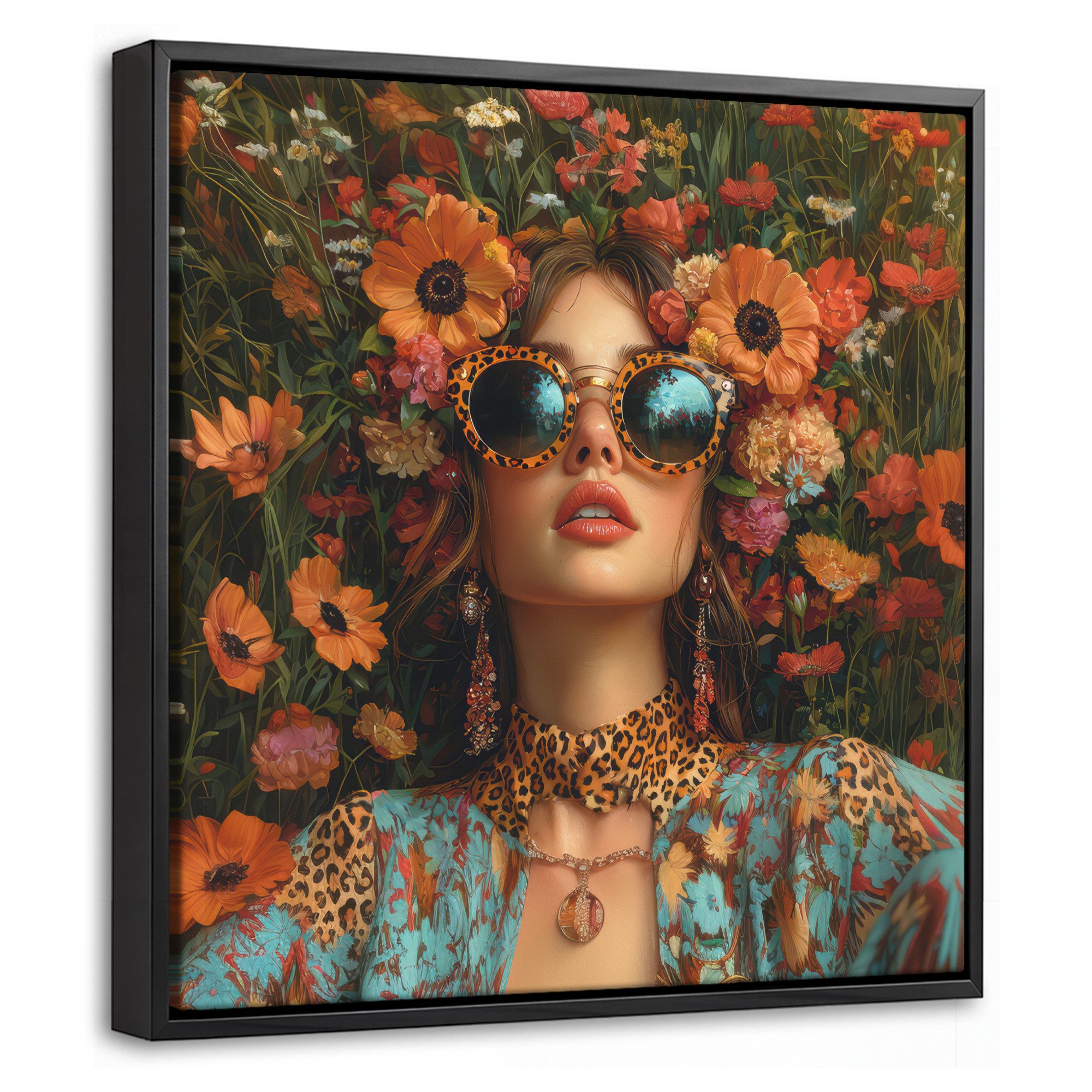 OneMillionCanvasses® Leinwandbild mit Rahmen - Frauen - Blumen - Modern - Brille - Abstrakt, Fotodruck (1 St), Leinwand Bilder Klein, Wand Dekoration Aesthetic 20x20cm