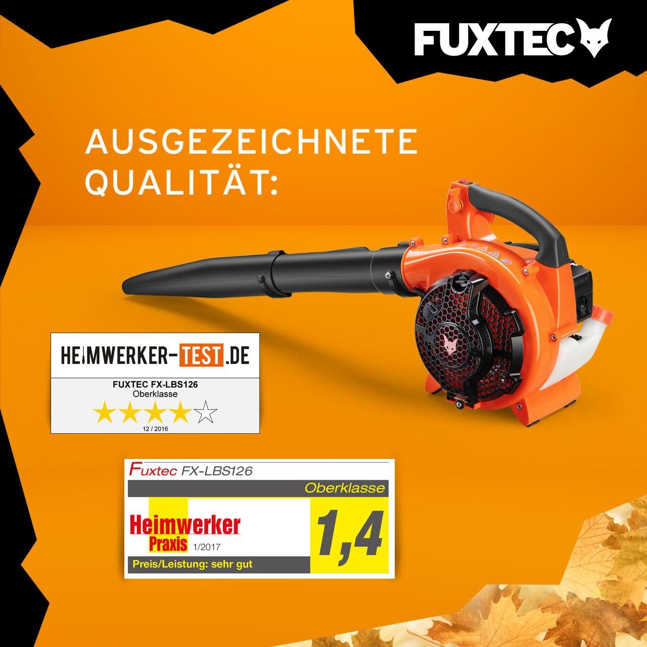 FUXTEC Benzin-Laubbläser FX-LBS126, 71m/s, 255 km/h Blasgeschwindigkeit, 45 L Fangsack, Häckselfunktion