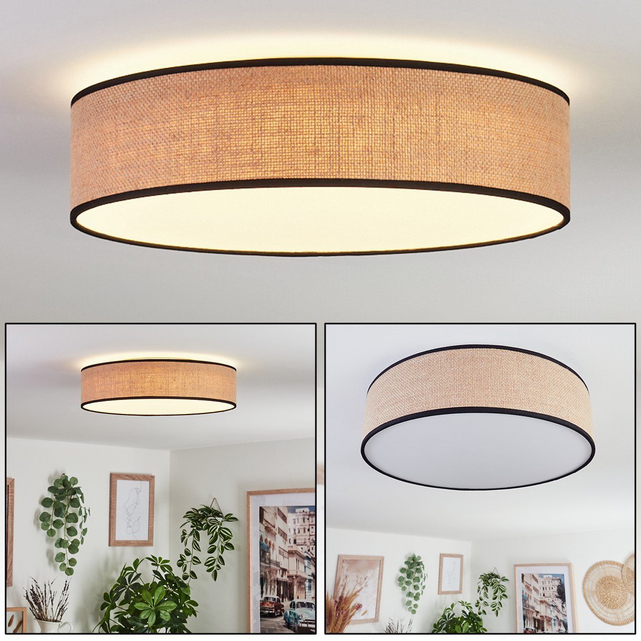 hofstein Deckenleuchte moderne Deckenlampe aus Metall/Stoff/Kunststoff in Weiß/Natur/Schwarz, LED fest integriert, 3000 Kelvin, Leuchte im angesagten Boho-Design, 1900 Lumen, 3000 Kelvin