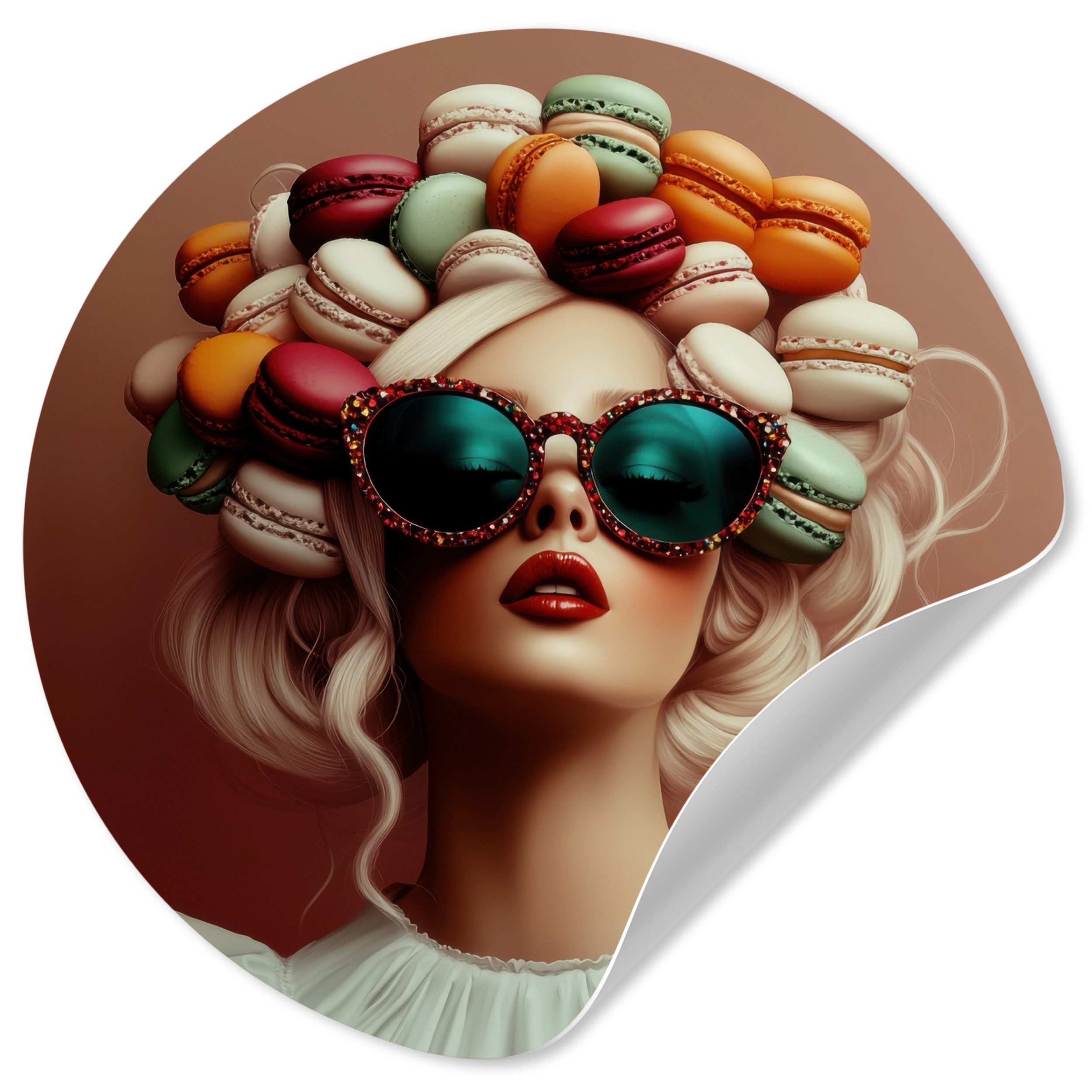 MuchoWow Wandsticker Frau - Makronen - Brille (1 St), Selbstklebende Runde Vliestapete, Wohnzimmer, 140x140 cm