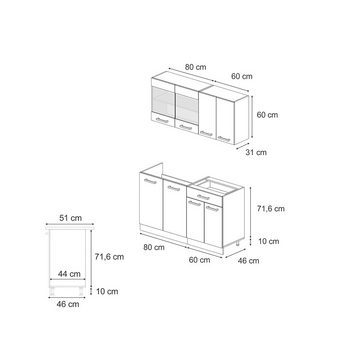 Livinity® Küchenzeile R-Line, Schwarz Hochglanz/Weiß, 140 cm, AP Eiche
