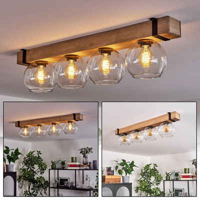 hofstein Deckenleuchte Deckenlampe aus Metall/Holz/Glas in Schwarz/Natur/Klar, ohne Leuchtmittel, Holzbalken 80cm u. Glaskugeln Ø15cm, 4x E27, ohne Leuchtmittel