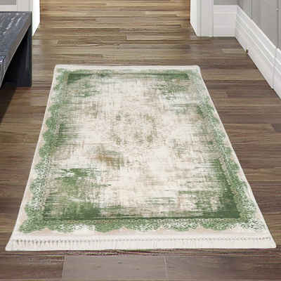 Teppich Wollteppich mit Verzierungen & Ornamenten abstrakt mit Fransen in grün, Teppich-Traum, rechteckig, Höhe: 10 mm