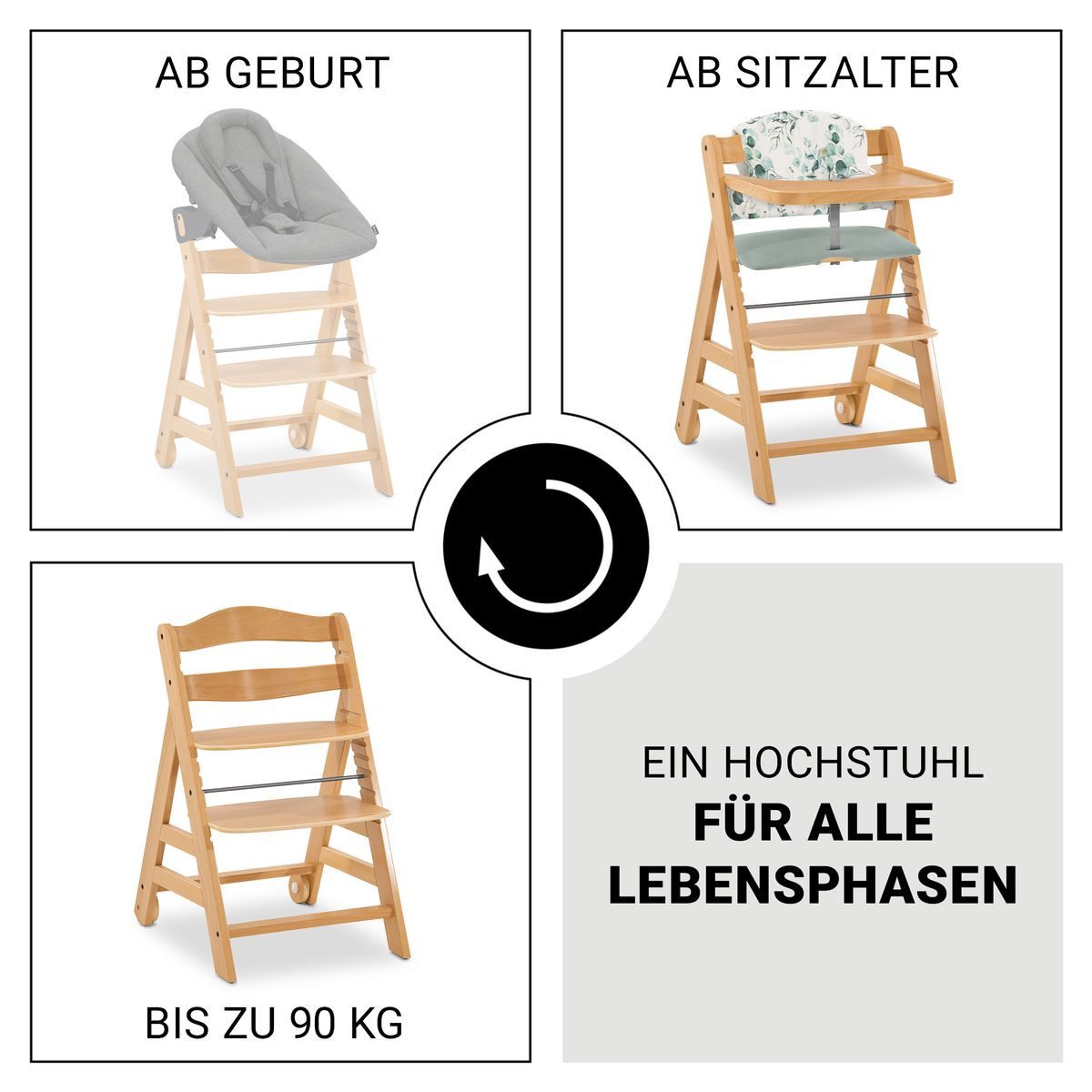 Hauck Hochstuhl Alpha Move - Natur, Holz Kinderhochstuhl ab 6 Monaten mit Essbrett, Sitzkissen & Essteller