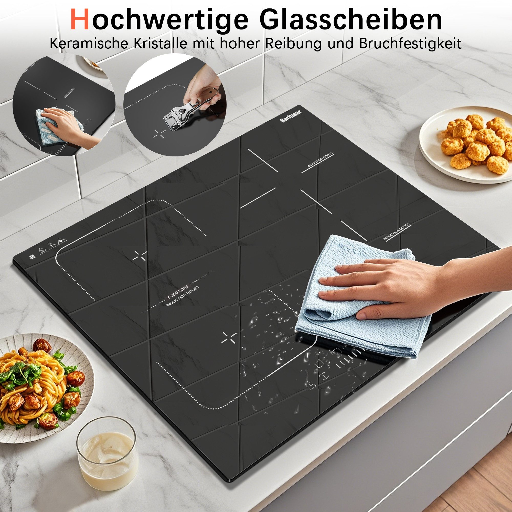 Karinear Induktions-Kochfeld 4-Zonen, Flexzone, Boost, Timer, 60 cm,7200W