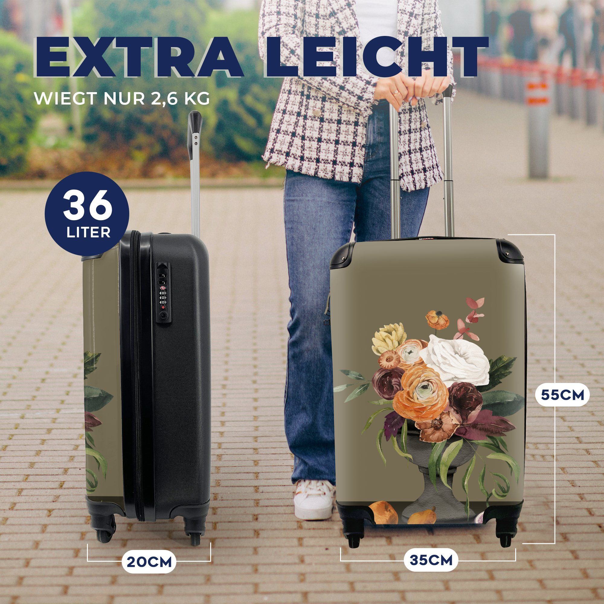 - Blumen - Trolley, 4 rollen, mit MuchoWow Ferien, Reisekoffer Handgepäck Reisetasche für Handgepäckkoffer Rollen, Aquarell Stilleben,