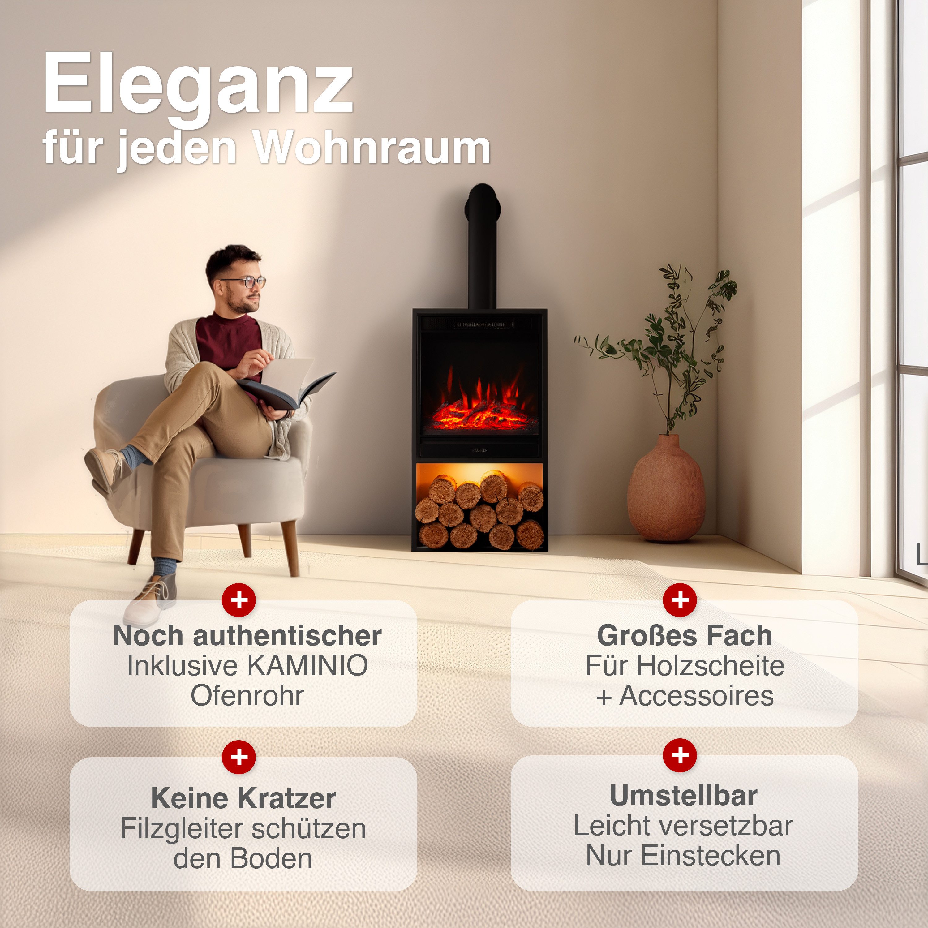 KAMINIO Elektrokamin HUGO, Elektrischer Kamin mit 3D-Flammeneffekt, Heizung 1800W