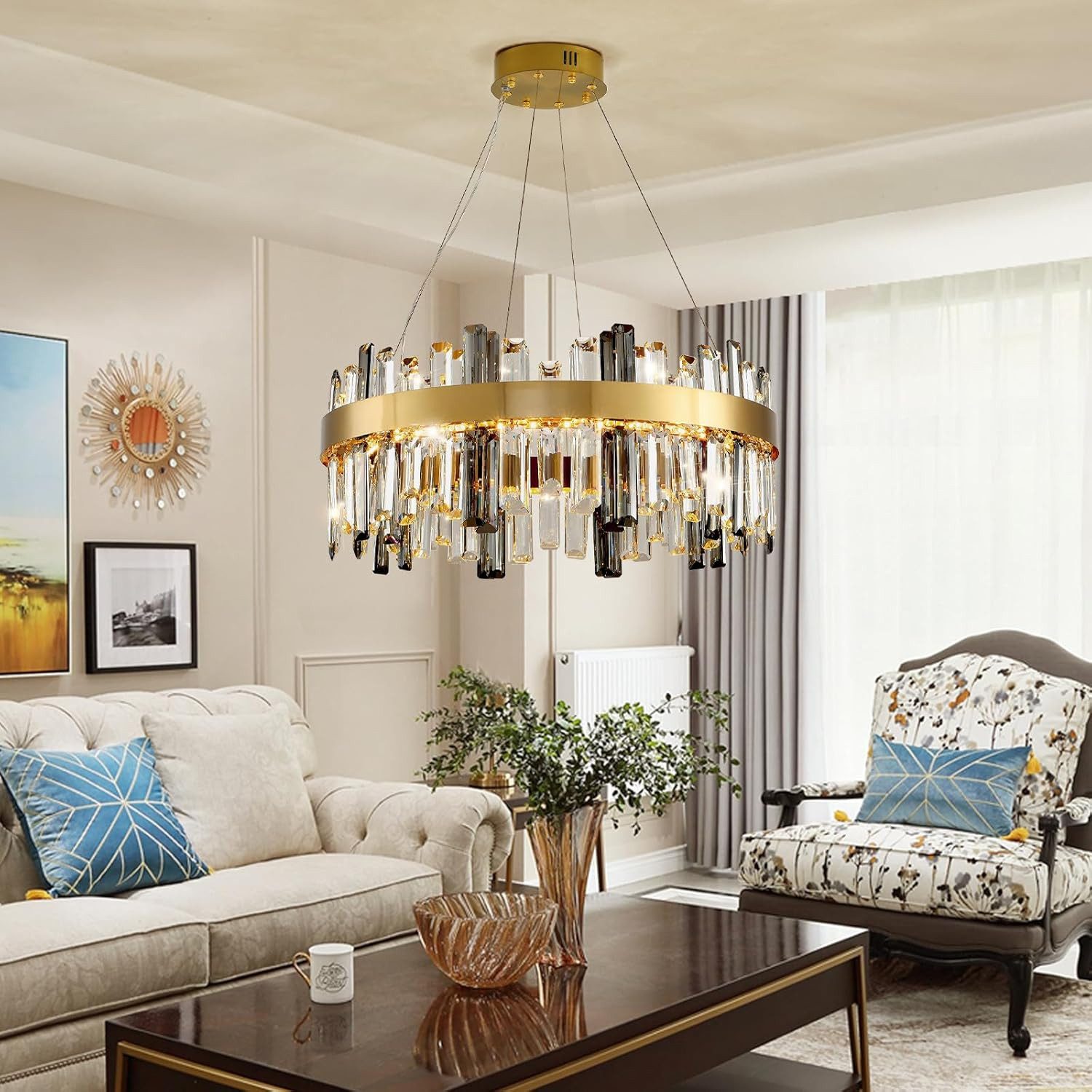 RRBEST Kronleuchter Modern Kronleuchter Kristall Leuchte, Dimmbar Rund Hängeleuchte, Kristall Lampe, LED Pendelleuchte Gold Lichtfarbe Einstellbar