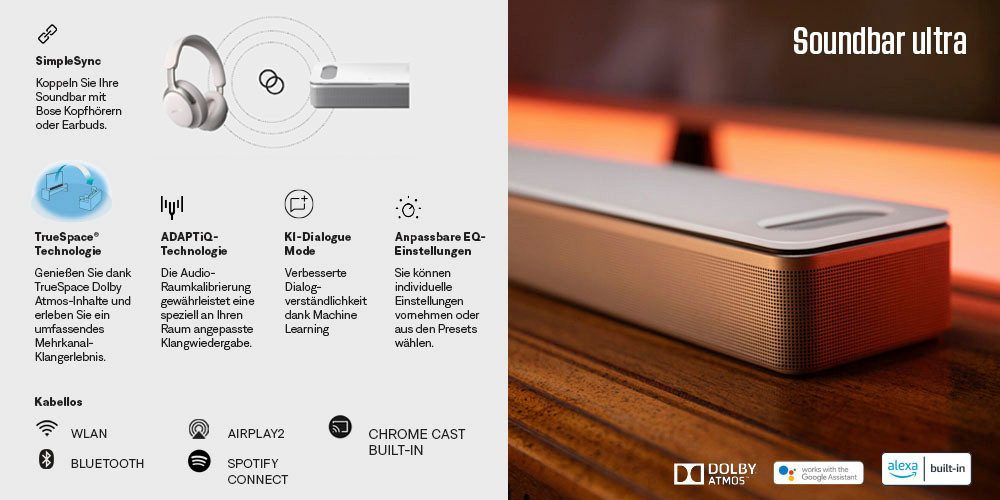Bose Smart Ultra Soundbar mit Dolby Atmos Soundbar 5.1 (Bluetooth, WLAN, Multiroom, 40 W, Multiroom, Immersive Sound, Alexa, AIRPLAY 2, Simple Sync) – Bild 4 von 5