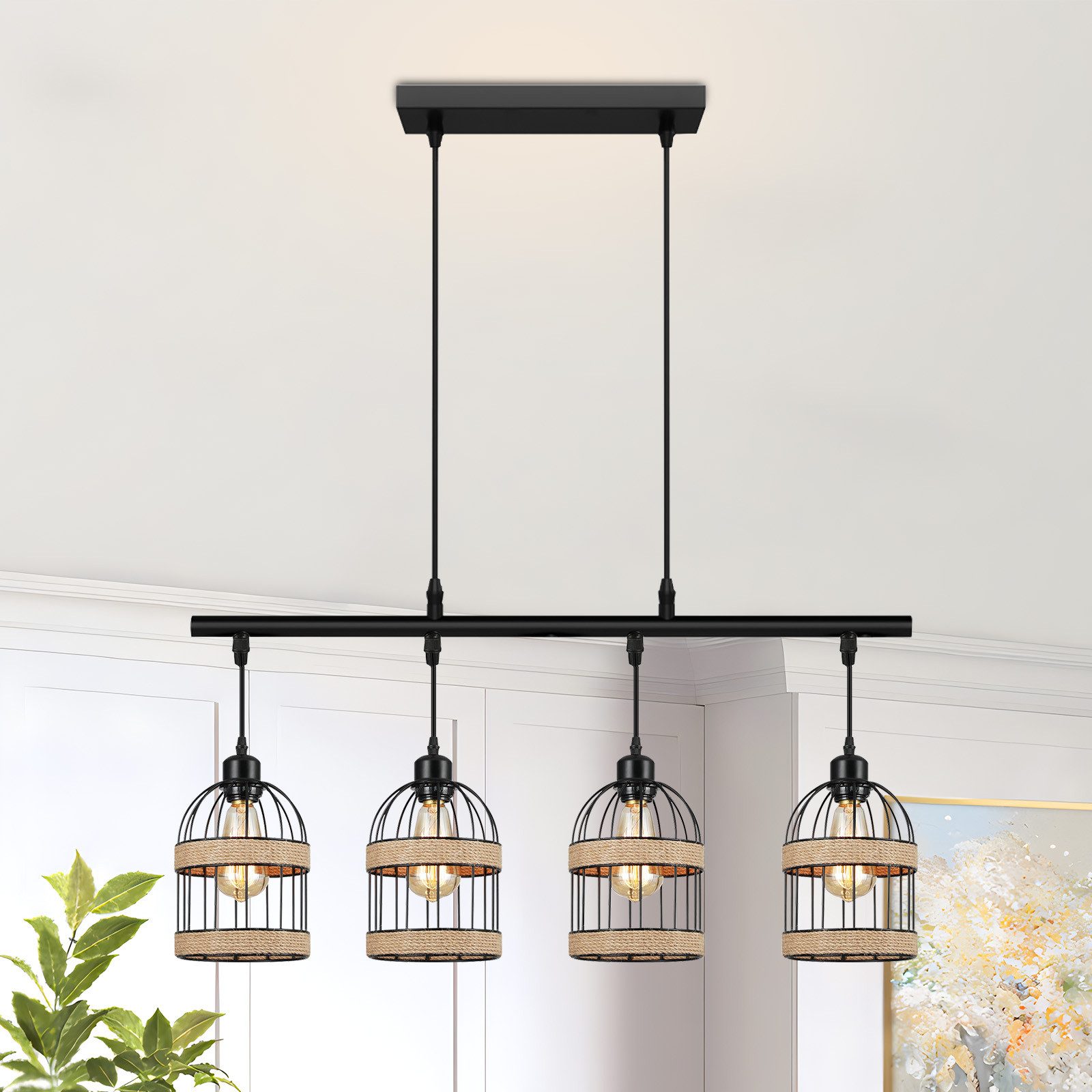 Rosnek Pendelleuchte 4-Licht Rattan Kronleuchter 4W, Schwarz, Modern Semi-Flush, Halogen, Für Kücheninsel, Esszimmer, Wohnzimmer, Glas, Industrial Stil
