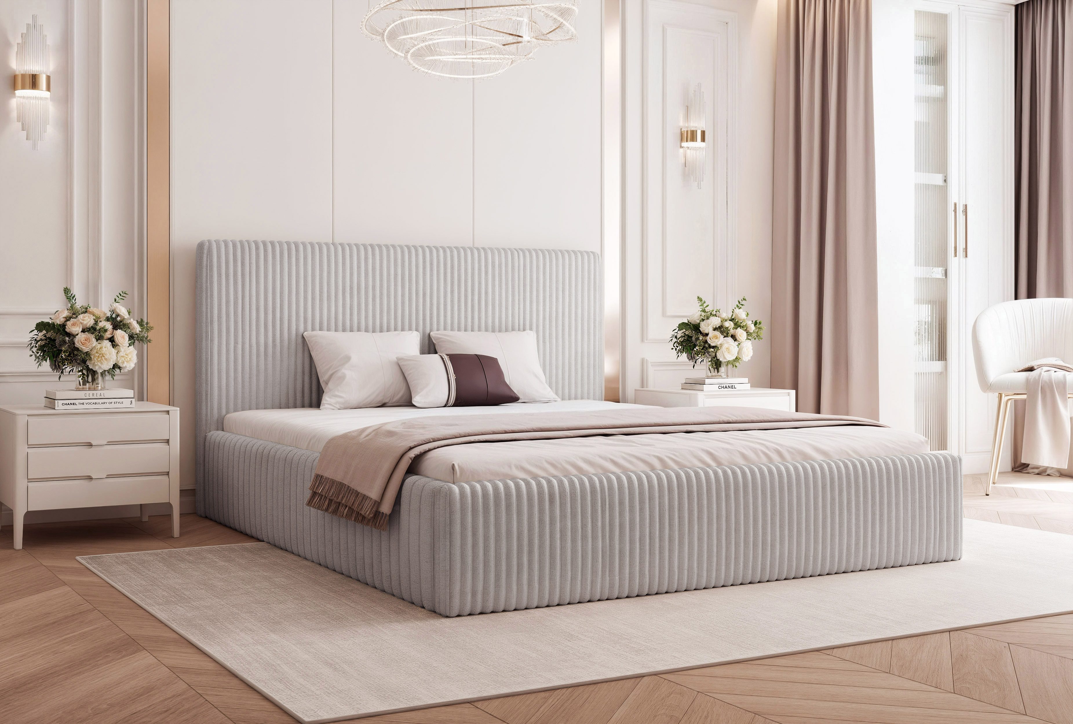 Goldstoff Polsterbett Modernes Bett "LUMINA" mit großem Stauraum und gepolstertem Rahmen (120–200x200 cm, Kopfteilhöhe 70/110 cm), Elegantes Stauraumbett mit gepolstertem Kopfteil und Holzrahmen