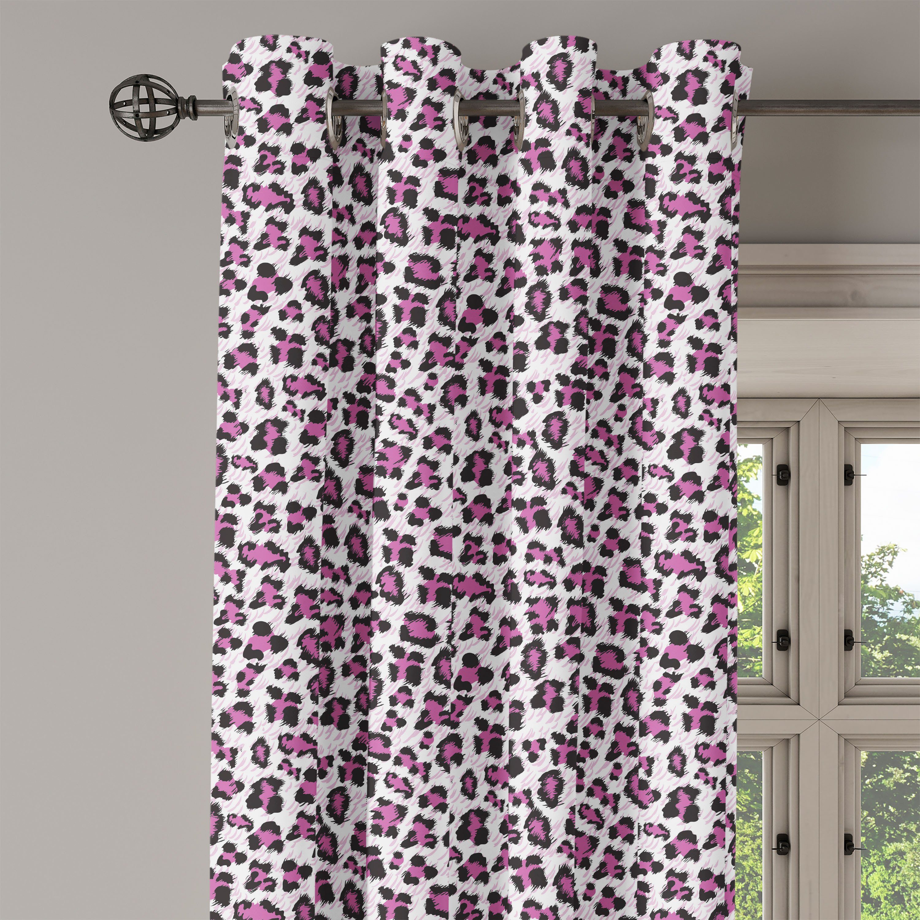 Wohnzimmer, Abakuhaus, für Schlafzimmer Leopard-Druck Gardine Girly-Rosa-Schwarz 2-Panel-Fenstervorhänge Dekorative