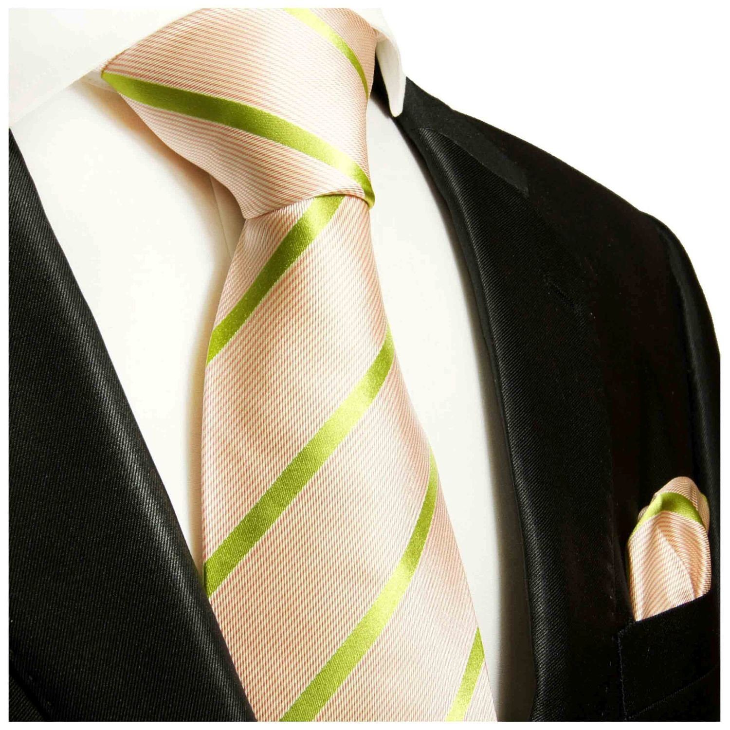 Paul Malone Krawatte Herren Seidenkrawatte mit Tuch modern gestreift 100% Seide (Set, 2-St., Krawatte mit Einstecktuch) Schmal (6cm), rosa grün 635