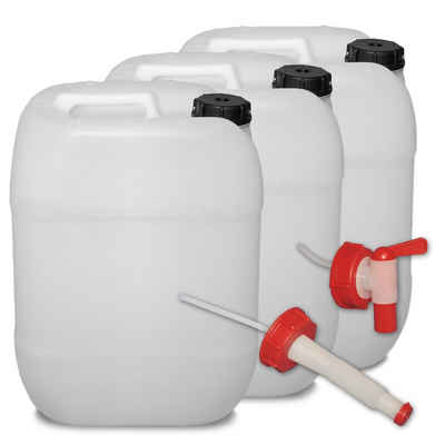 Plasteo Kanister »plasteo 3er Set: 20 Liter Getränke- Wasserkanister Natur + Hahn + Ausgießer«, 3 Kanister + Hahn + Ausgießer