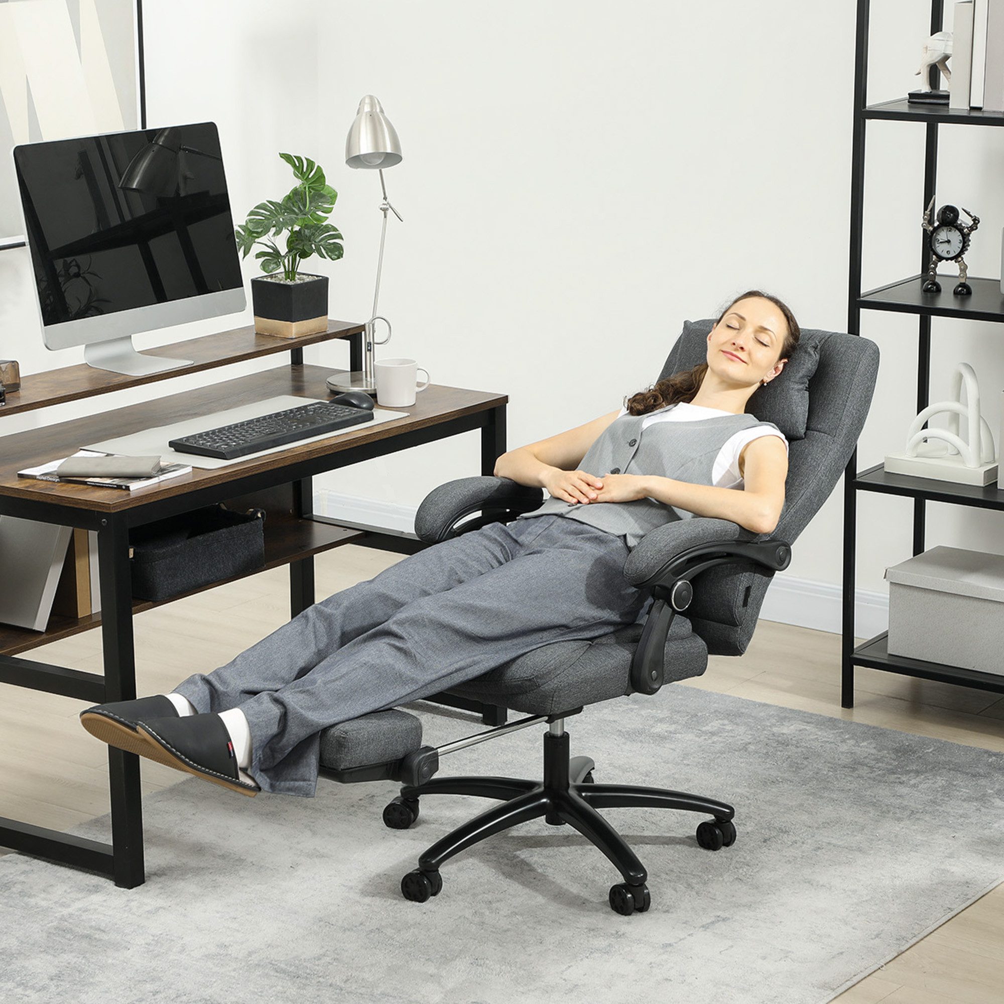 Vinsetto Schreibtischstuhl Bürostuhl, Massagefunktion, Fußstütze, USB-Schnittstelle (Höhenverstellbar Drehbar Chefsessel, 1 St), mit Leinenoptik, Dunkelgrau