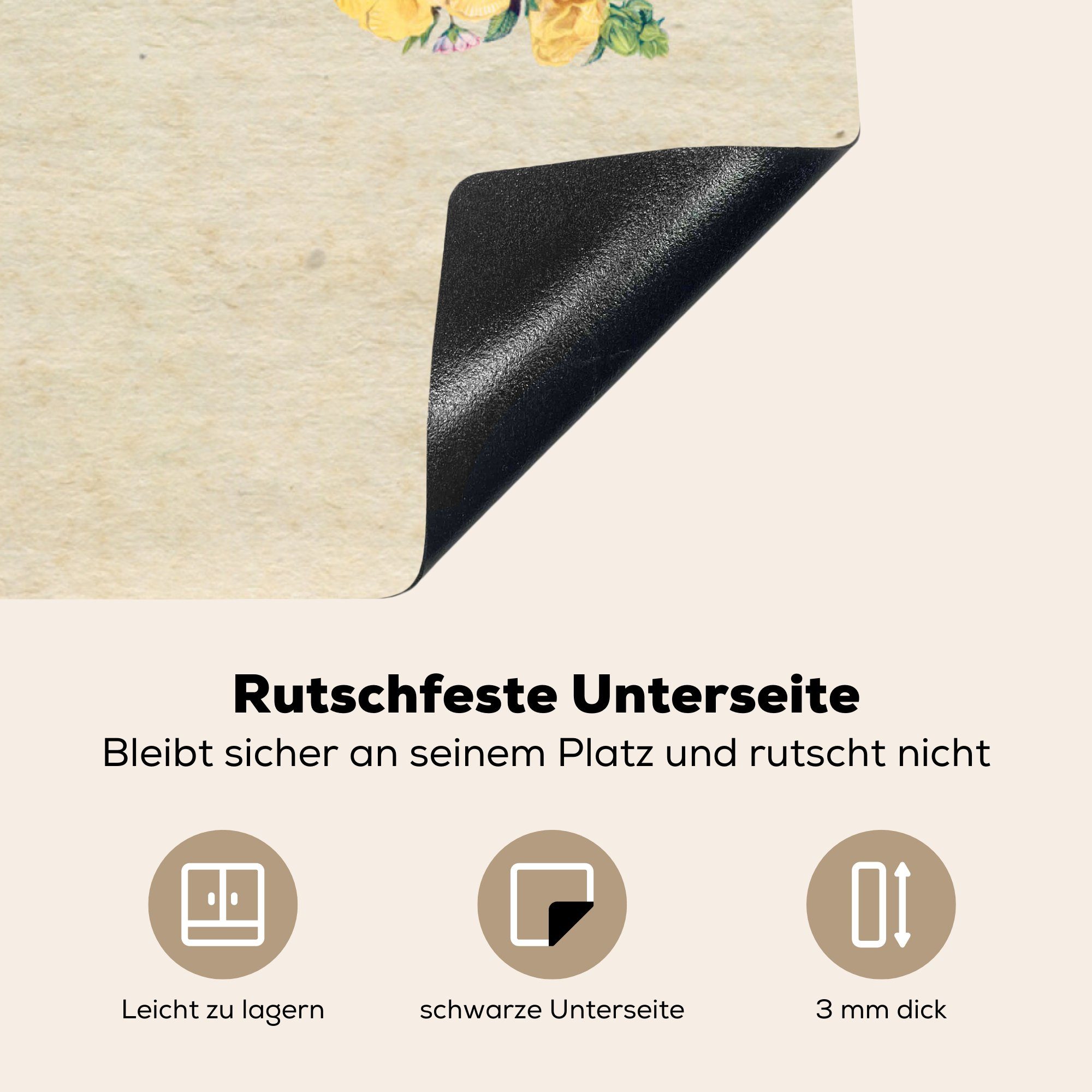 Weltkarte 78x78 - Papier, Herdblende-/Abdeckplatte Arbeitsplatte cm, (1 für küche tlg), Blumen Vinyl, - Schmetterling Ceranfeldabdeckung, Braunes - MuchoWow