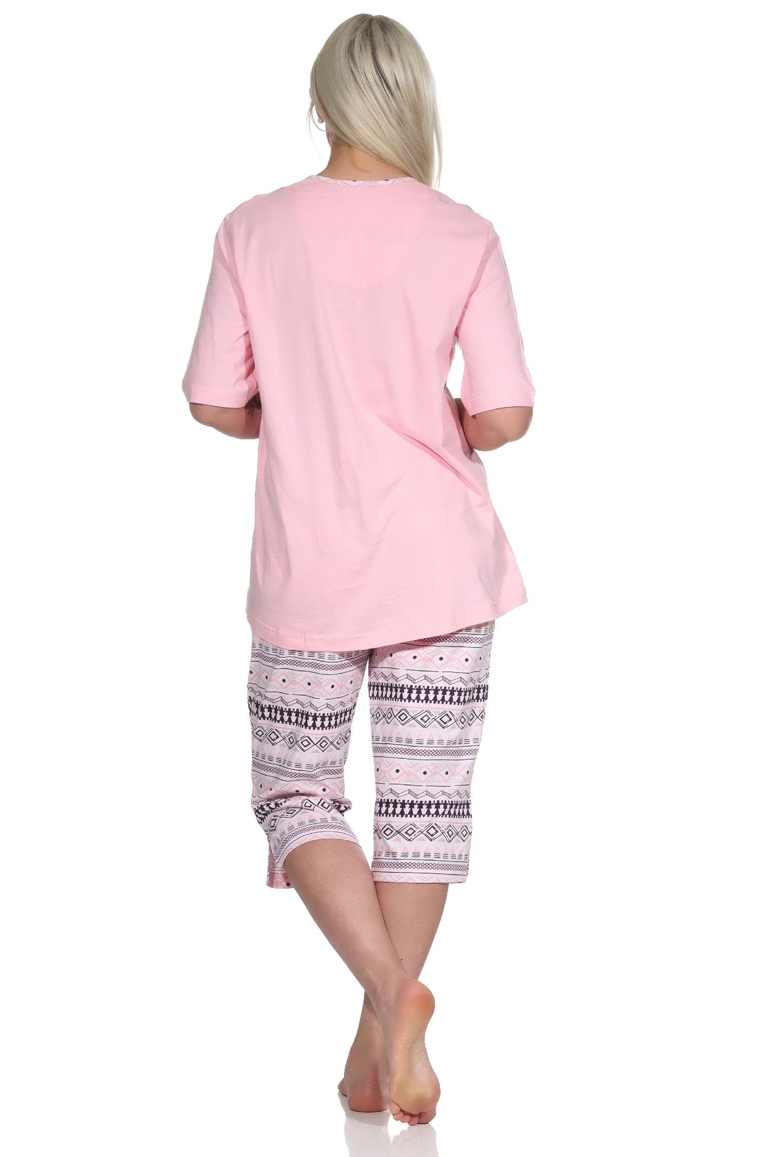 Ethnolook kurzarm Damen mit im Schlafanzug Caprihose Pyjama rosa Normann