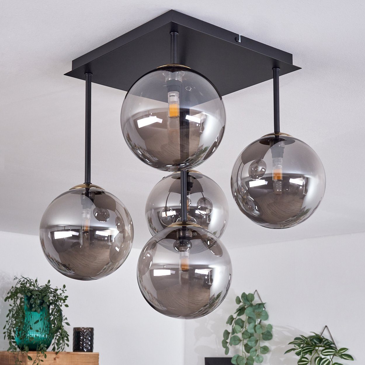 hofstein Deckenleuchte Deckenlampe aus Metall/Glas in Schwarz/Goldfarben/Rauchfarben, ohne Leuchtmittel, Leuchte im Retro-Design aus Glas, 5 x G9 LED, ohne Leuchtmittel