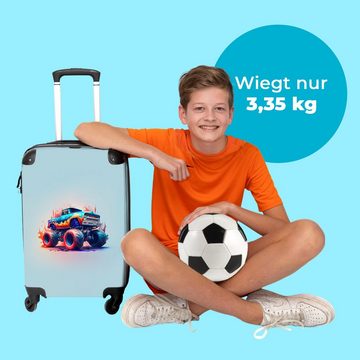 NoBoringSuitcases.com© Koffer Monstertruck - Flammen - Blau - Farbe - Design 67x43x25cm, 4 Rollen, Mittelgroßer Koffer für Jungen, Kinder Trolley