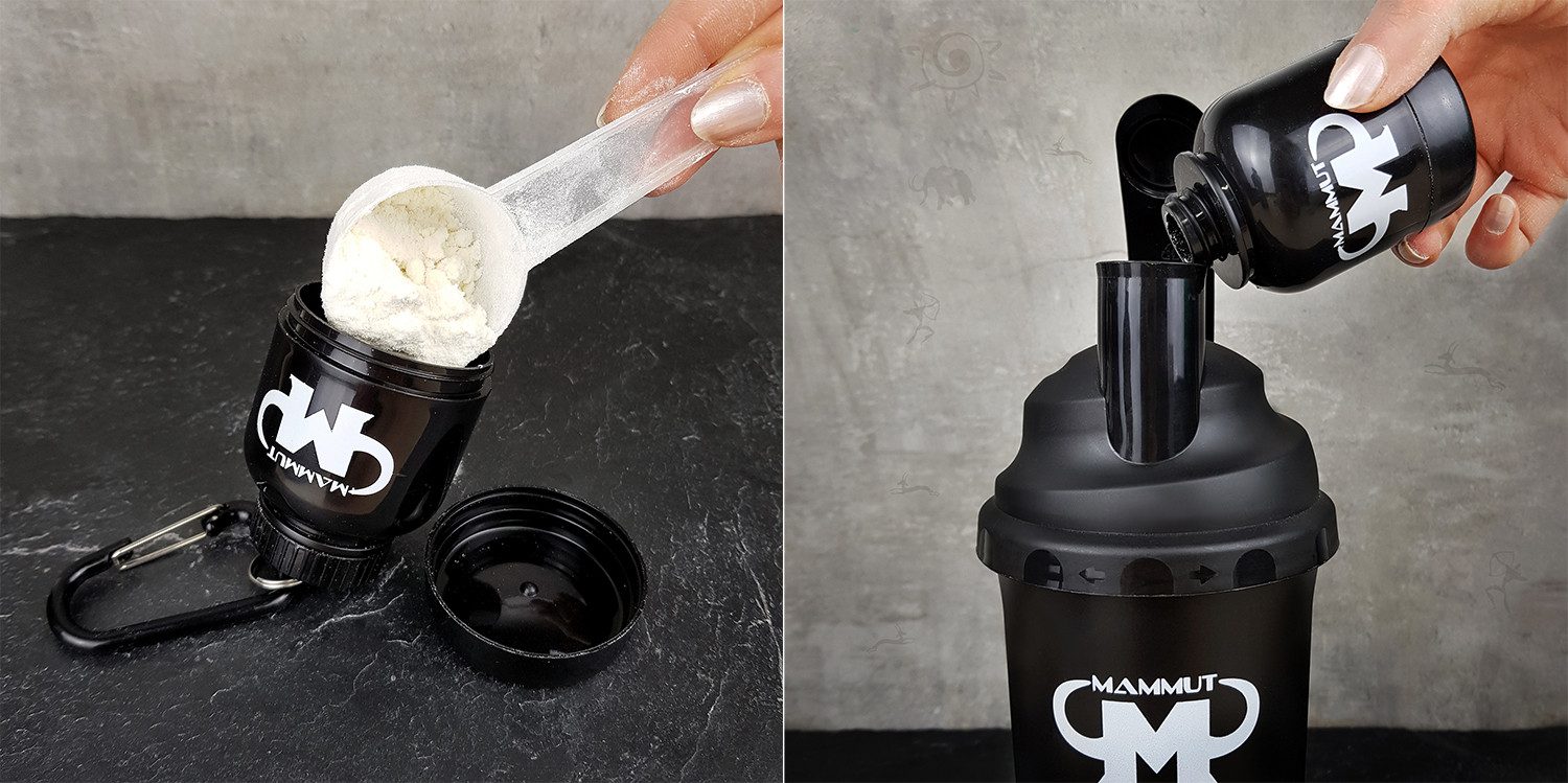 Mammut Nutrition Protein Shaker Powderbank - Protein & Supplement Dose als Schlüsselanhänger - Stück, Kunststoff