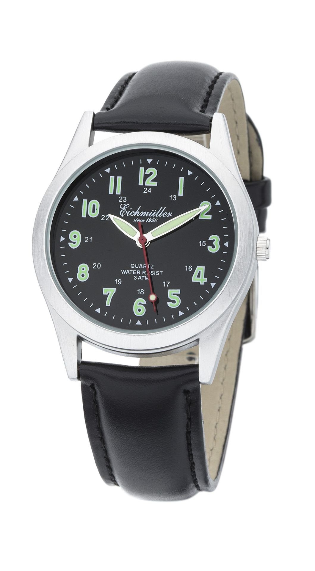Eichmüller Quarzuhr Armbanduhr 7020-01 Schwarz Lederband 37 mm
