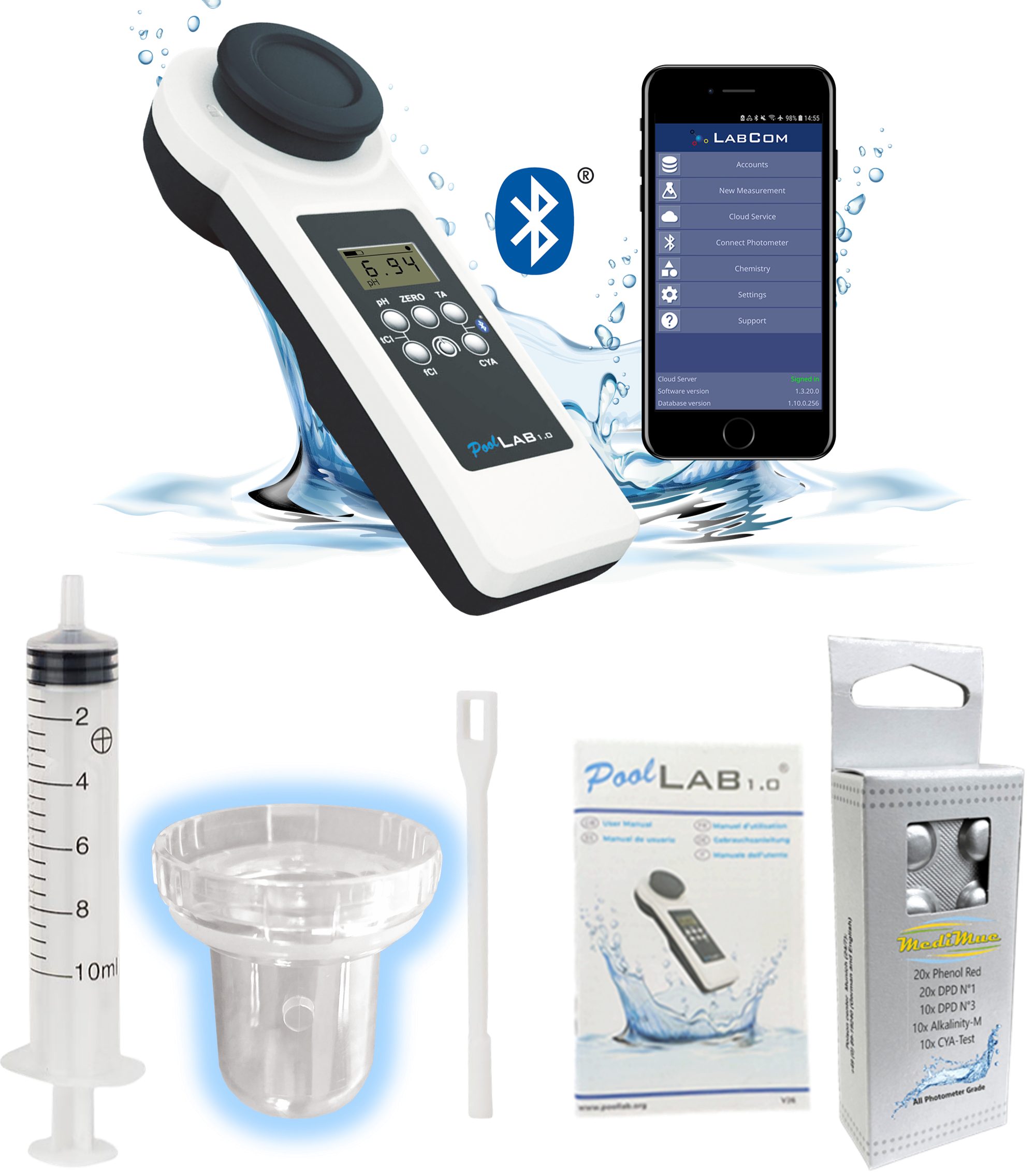 MediMuc Pool-Wassertest PoolLab 1.0 Photometer - 15 Parameter - mit 70 Testtabletten, 15 Messparameter, 1-tlg., Bluetooth
