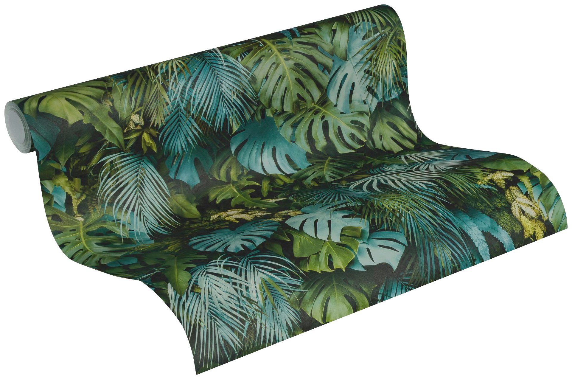 A.S. Création Vliestapete Greenery Palmenprint Dschungel Optik, floral, Tapete in mit Palmentapete Dschungel bunt/blau