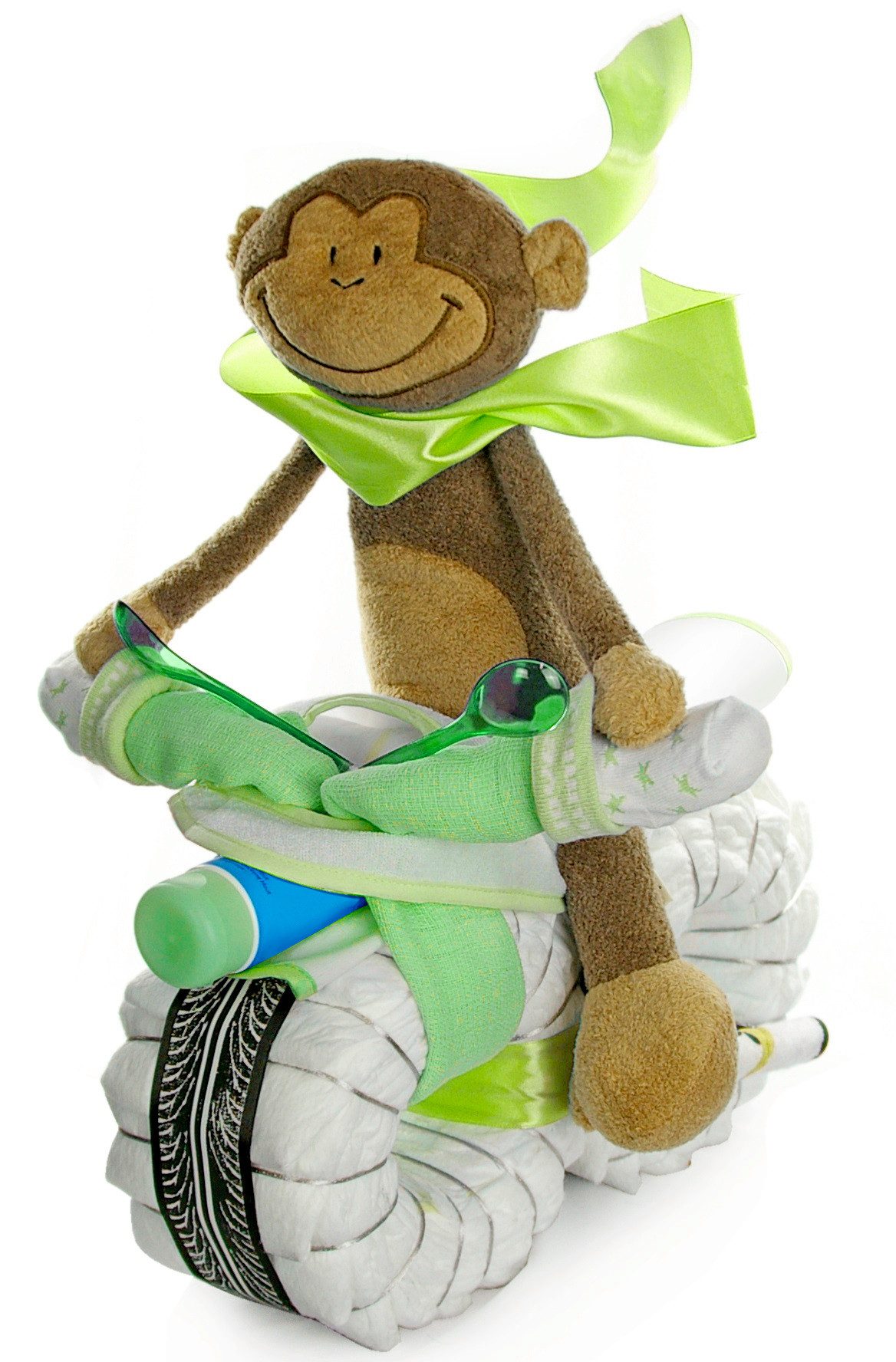 Neugeborenen-Geschenkset Windeltorte Motorrad Schlenkeraffe