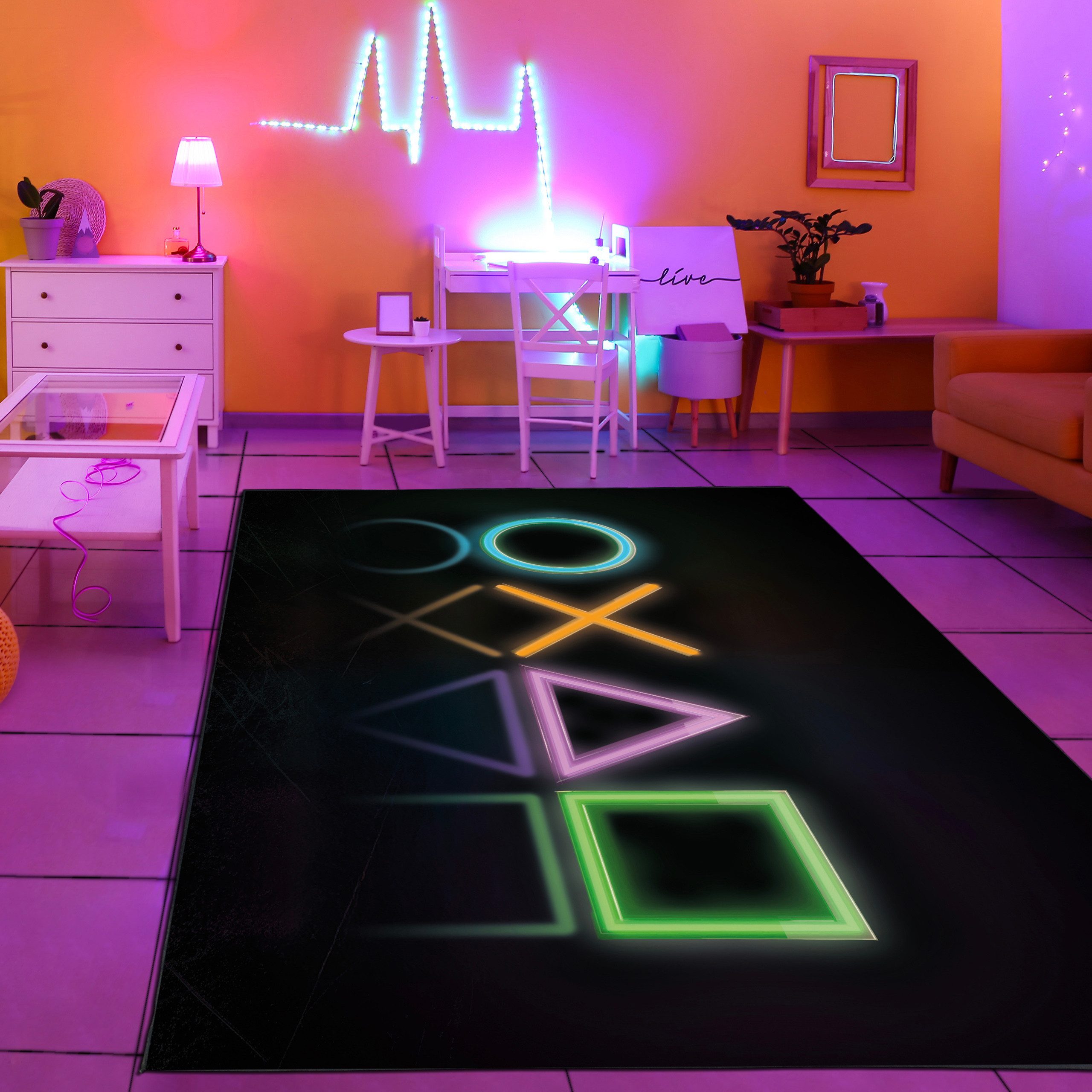 TeppichHome24 Kinderteppich Gamingteppich rutschfest mit Neonfarbenen Symbo günstig online kaufen