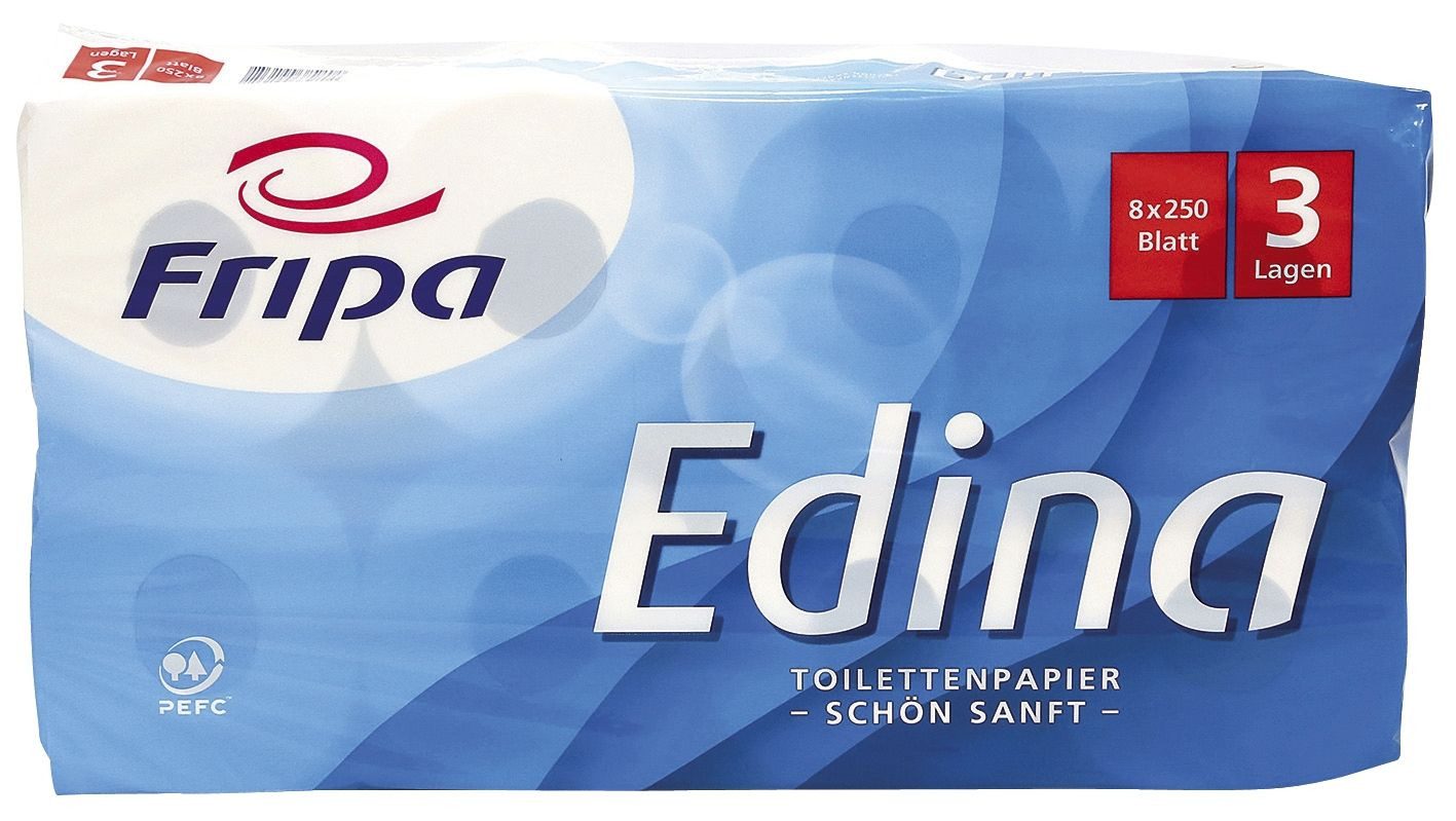 Fripa Туалетная бумага Туалетная бумага Edina - 3-lagig geprägt hochweiß 8 Rollen à 250 Blatt