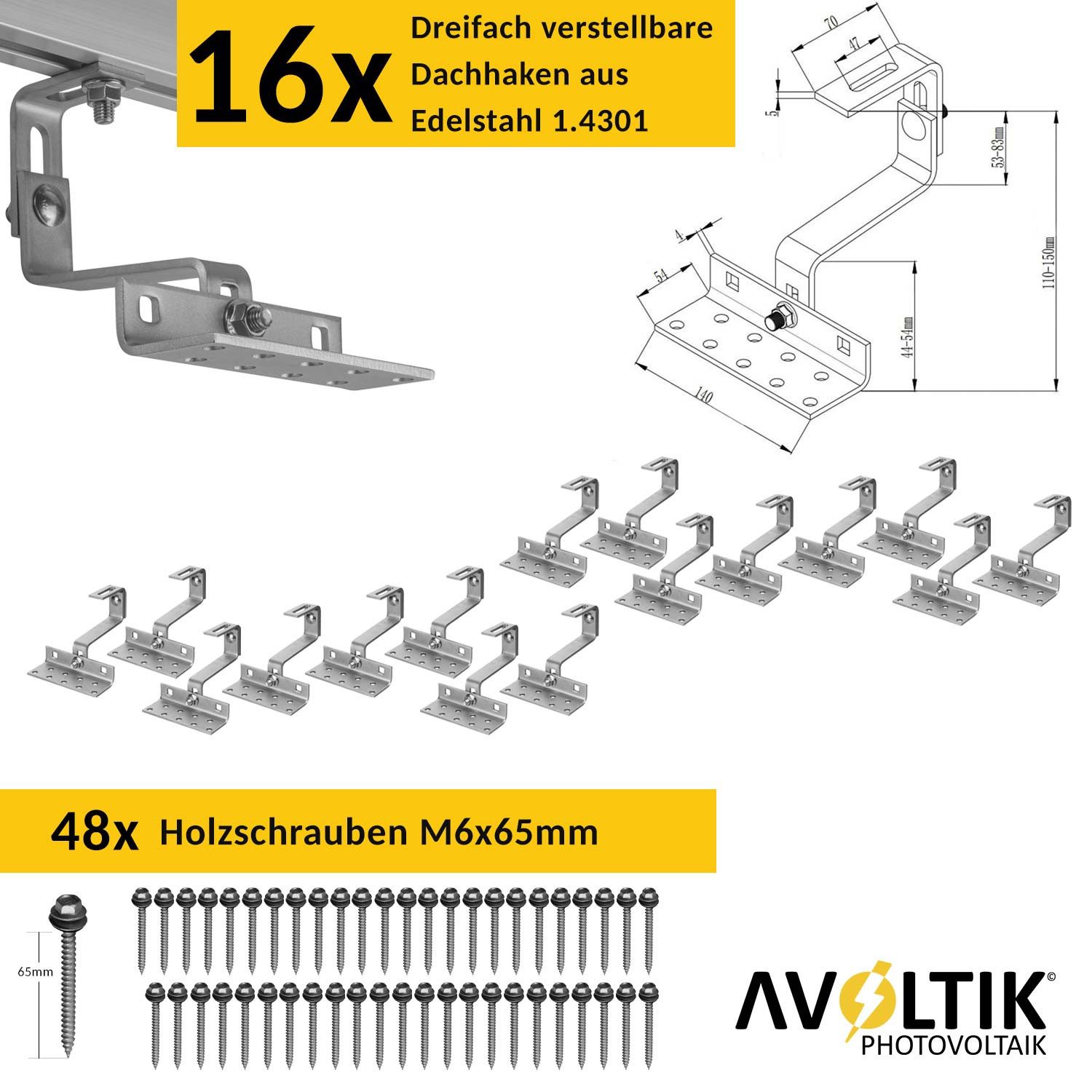 avoltik Solarmodul-Halterung Halterung Ziegeldach Montageset Dach Befestigung f 4 Solarmodule, (Halterung Ziegeldach Montageset Dach Befestigung f 4 Solarmodule, Halterung Ziegeldach Montageset Dach Befestigung f 4 Solarmodule, Das robuste Dach Solarhalterung Set besteht aus vielen Einzelteilen)