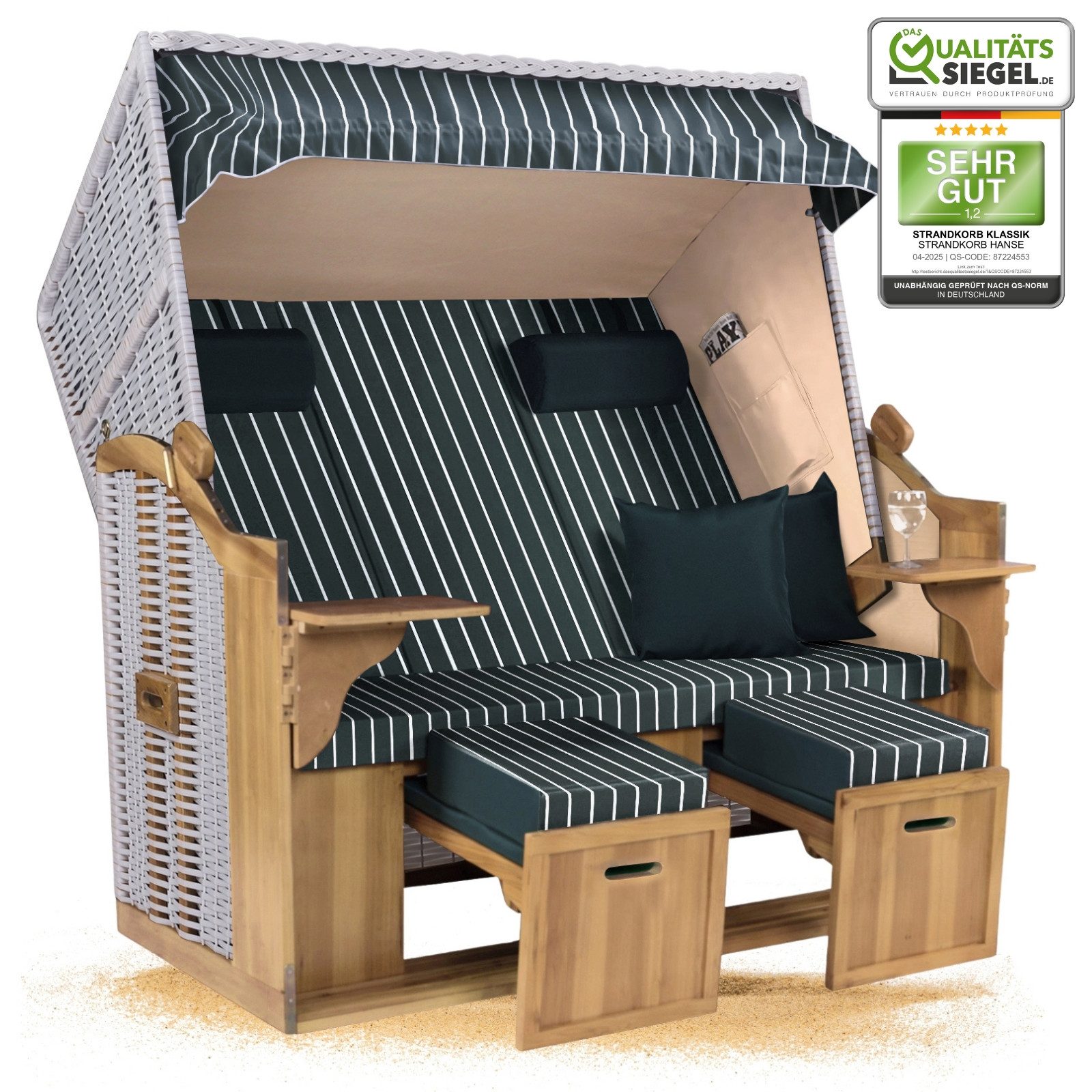 Strandkorb Hanse Strandkorb Strandkorb Ostsee XXL 2,5-Sitzer Volllieger Beige Grün, BxTxH: 150x80x160 cm, Ostsee XXL Volllieger, Ostsee 2,5-Sitzer Modell 2025, Stabiles Wacholder mit handgefertigtem Polyrattangeflecht