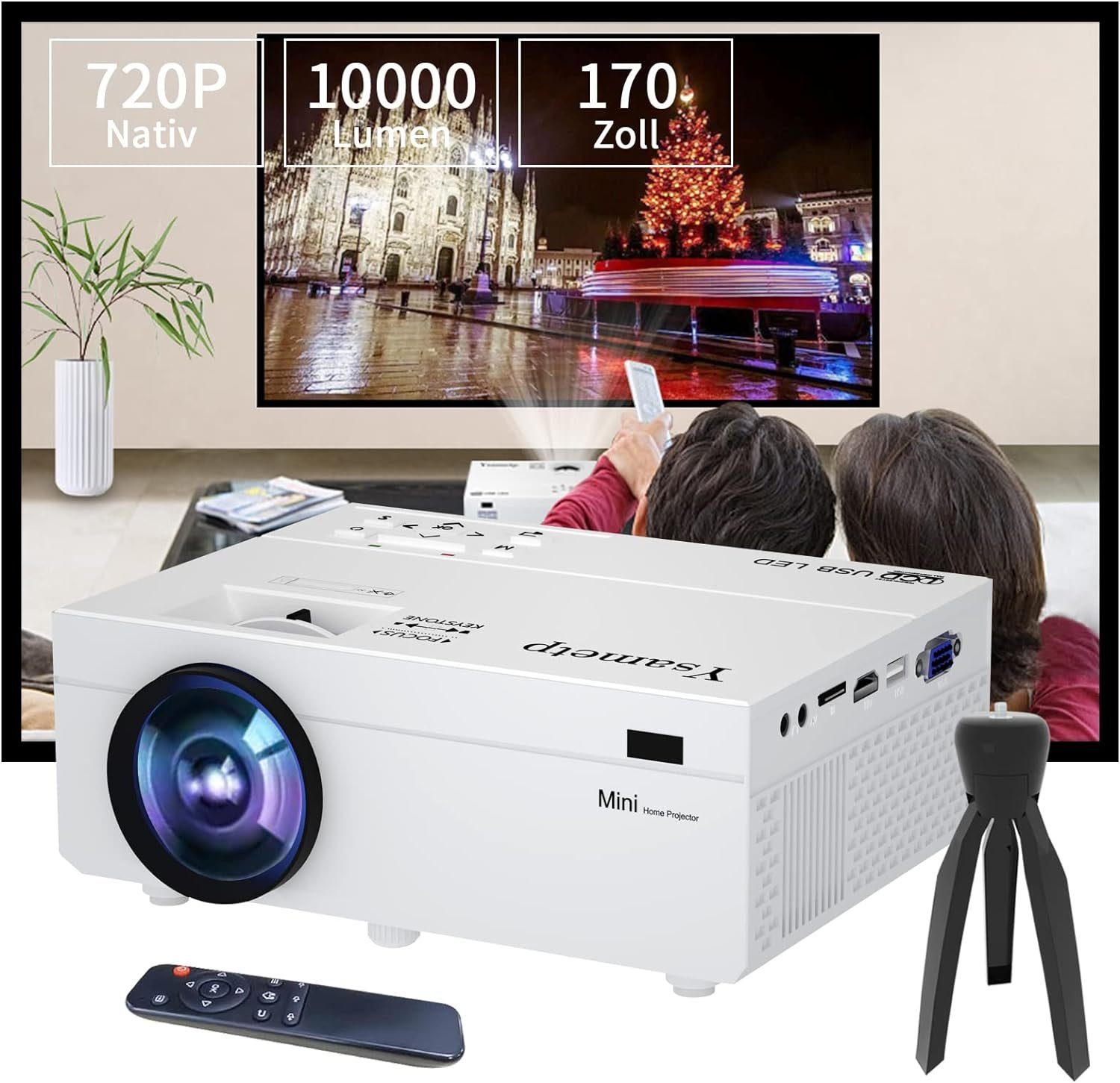 Ysametp Portabler Projektor (1000:1, 1280 x 720 px, Tragbarer HD 720P, 200'' Heimkino, kompatibel mit Laptop, TV-Stick)