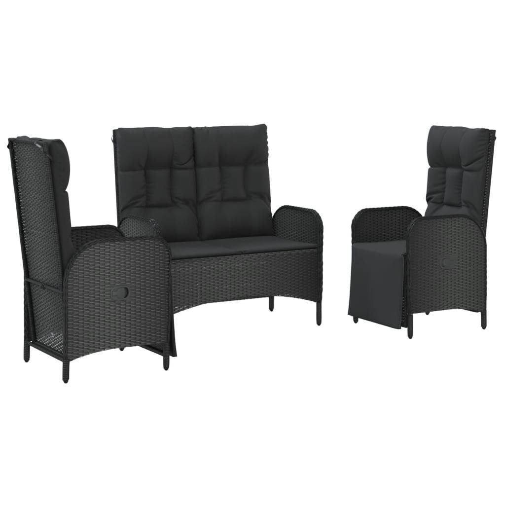 vidaXL Garten-Essgruppe 3-tlg. Garten-Essgruppe mit Kissen Schwarz Poly Rattan, (1-tlg)