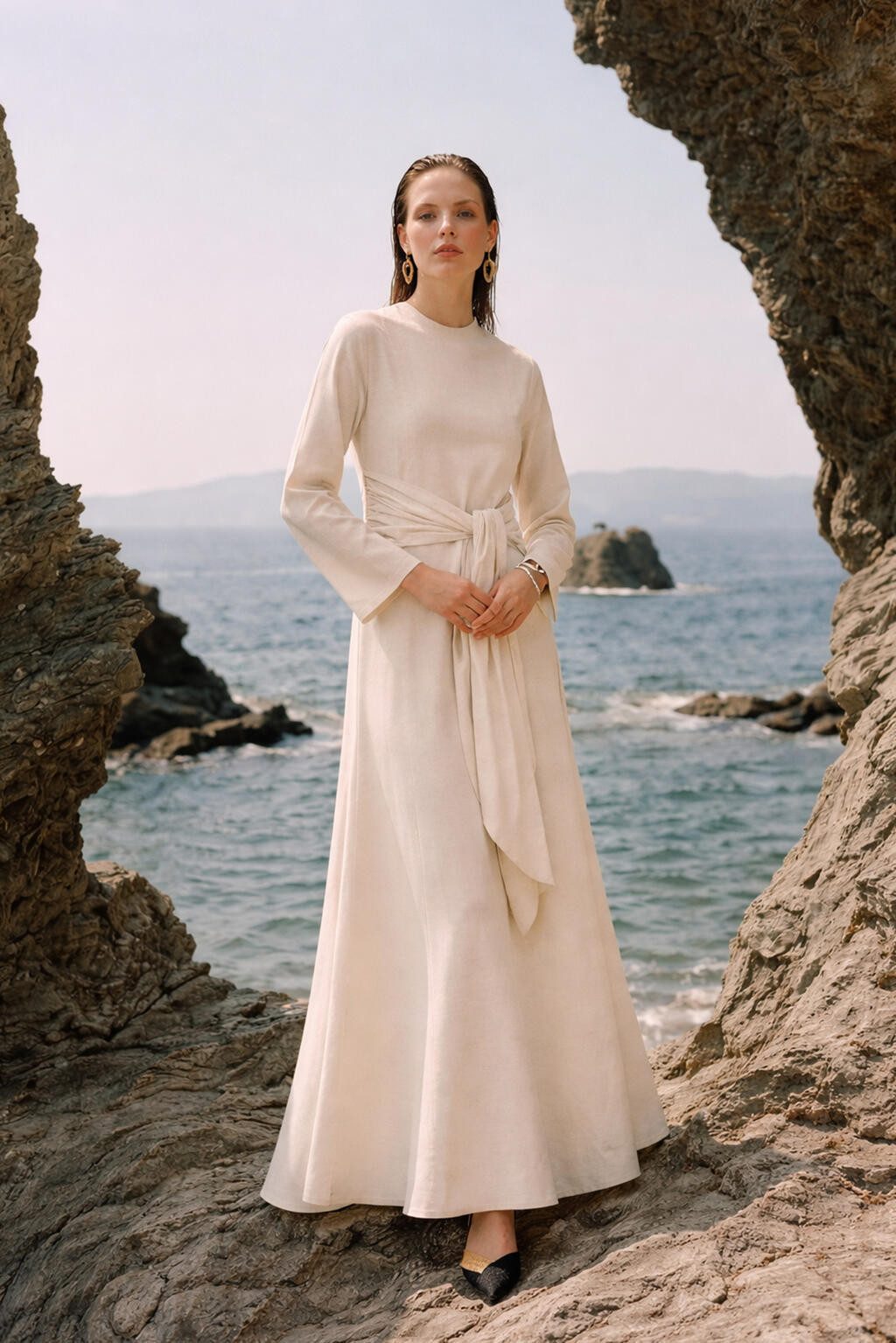 Maxikleid Leinenkleid mit Gürtel