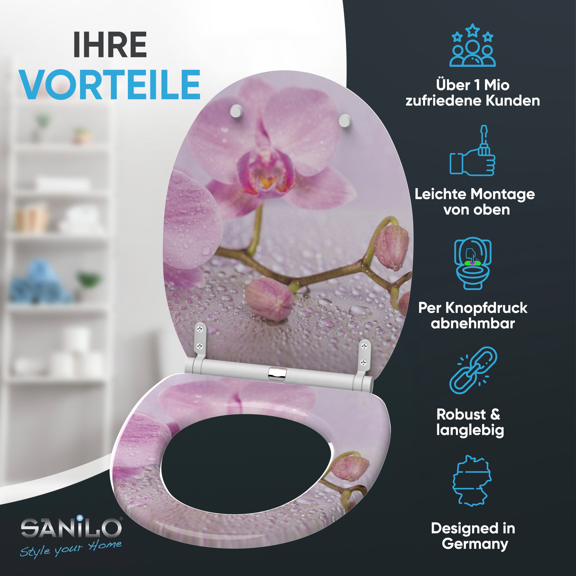 Sanilo WC-Sitz Blooming mit Absenkautomatik & Quick Release, Premium Toilettendeckel, abnehmbar, leichte Montage von oben