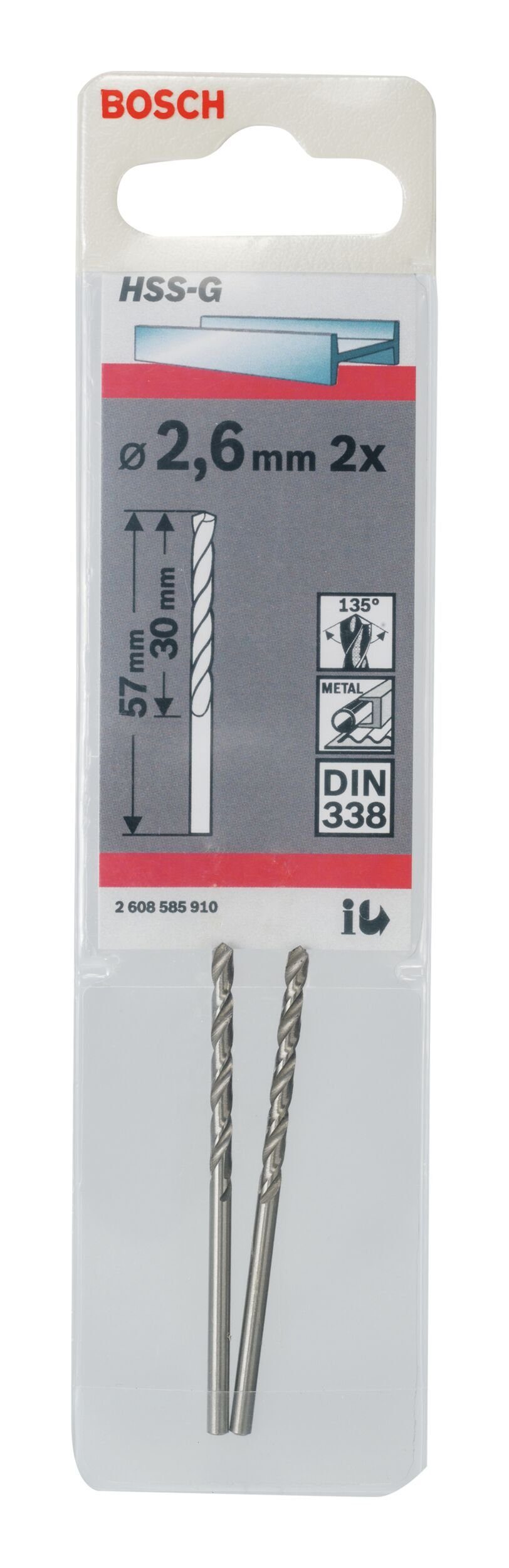 BOSCH Metallbohrer, (2 x HSS-G 30 338) Stück), - x 2,6 2er-Pack 57 mm - (DIN