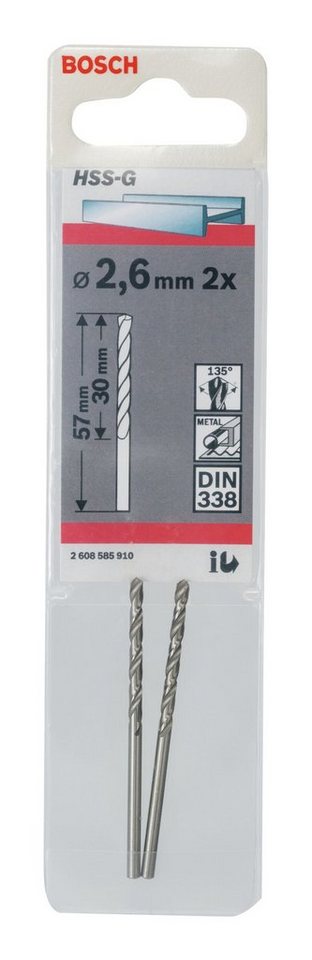 Thumbnail - BOSCH Metallbohrer, (2 Stück), HSS-G (DIN 338) - 2,6 x 30 x 57 mm - 2er-Pack