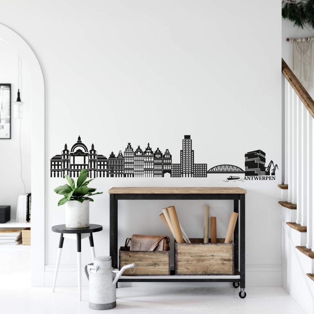 K&L Wall Art Wandtattoo Stadt Wandtattoo Antwerpen Skyline schwarz Fußball Fanartikel 150cm, Wandbild selbstklebend, entfernbar