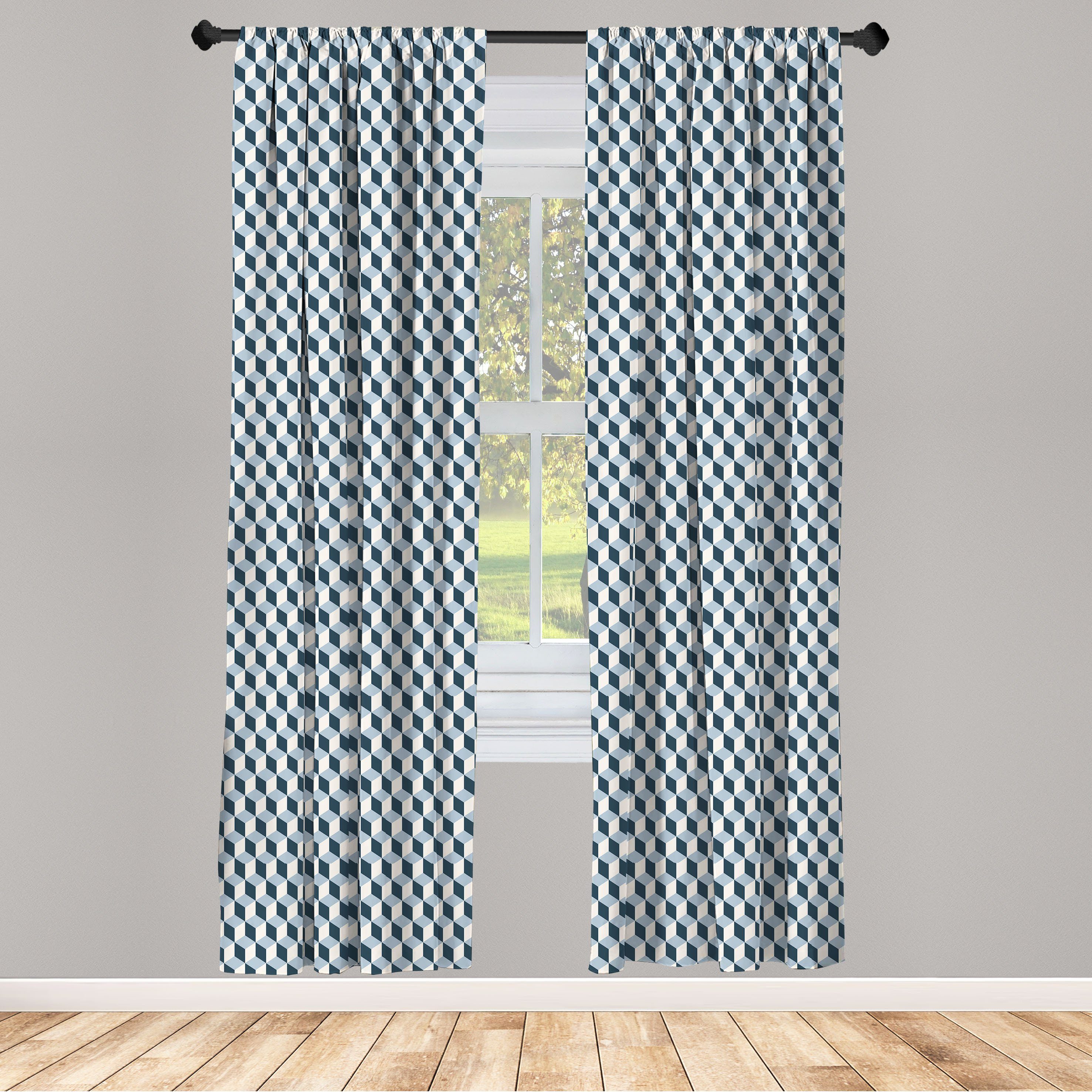 Gardine Vorhang für Wohnzimmer Schlafzimmer Dekor, Abakuhaus, Microfaser, Retro Würfel Quadrate 3D Style