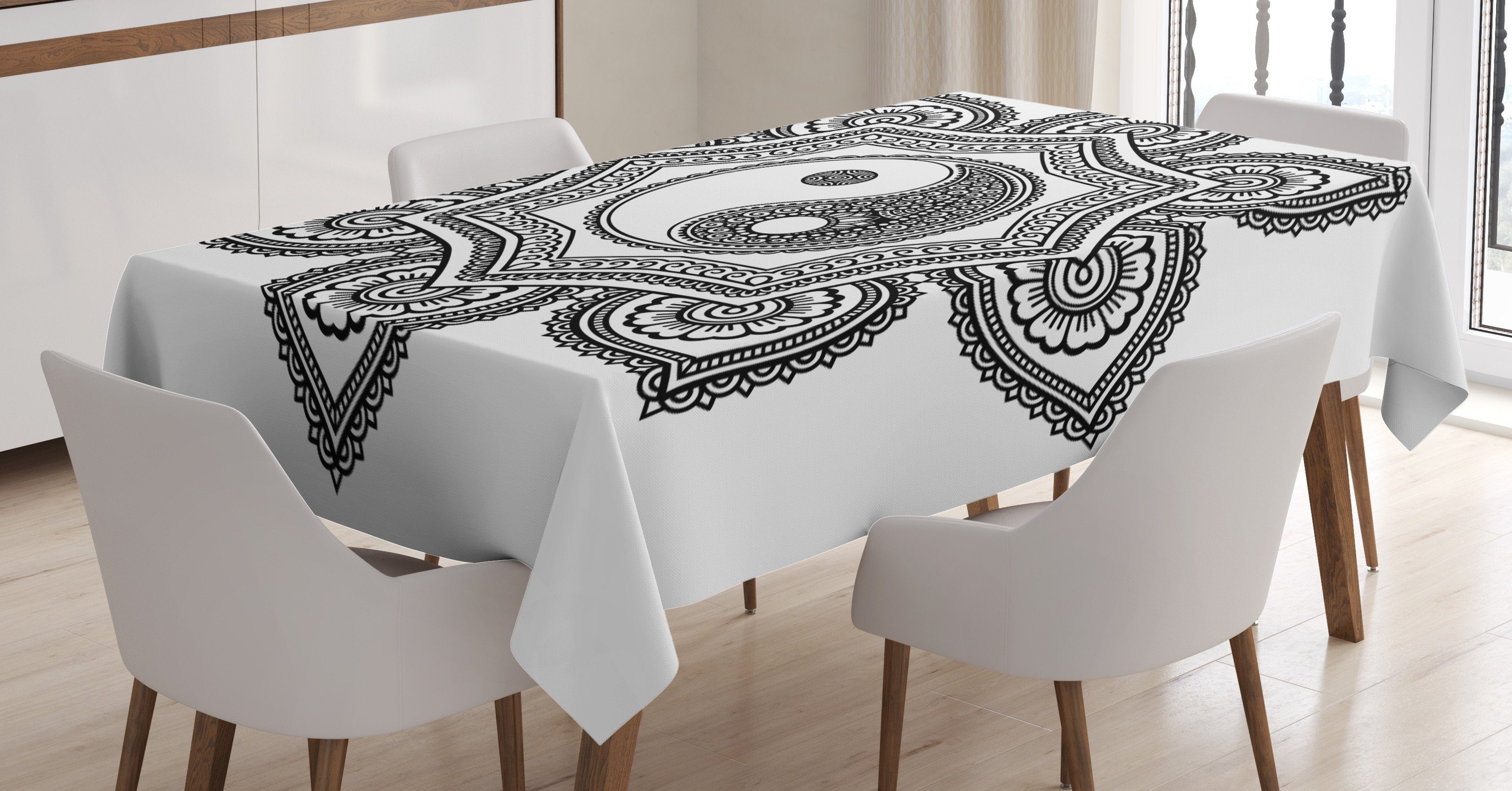 Abakuhaus Tischdecke Farbfest Waschbar Für den Außen Bereich geeignet Klare Farben, Schwarz und weiß Mandala