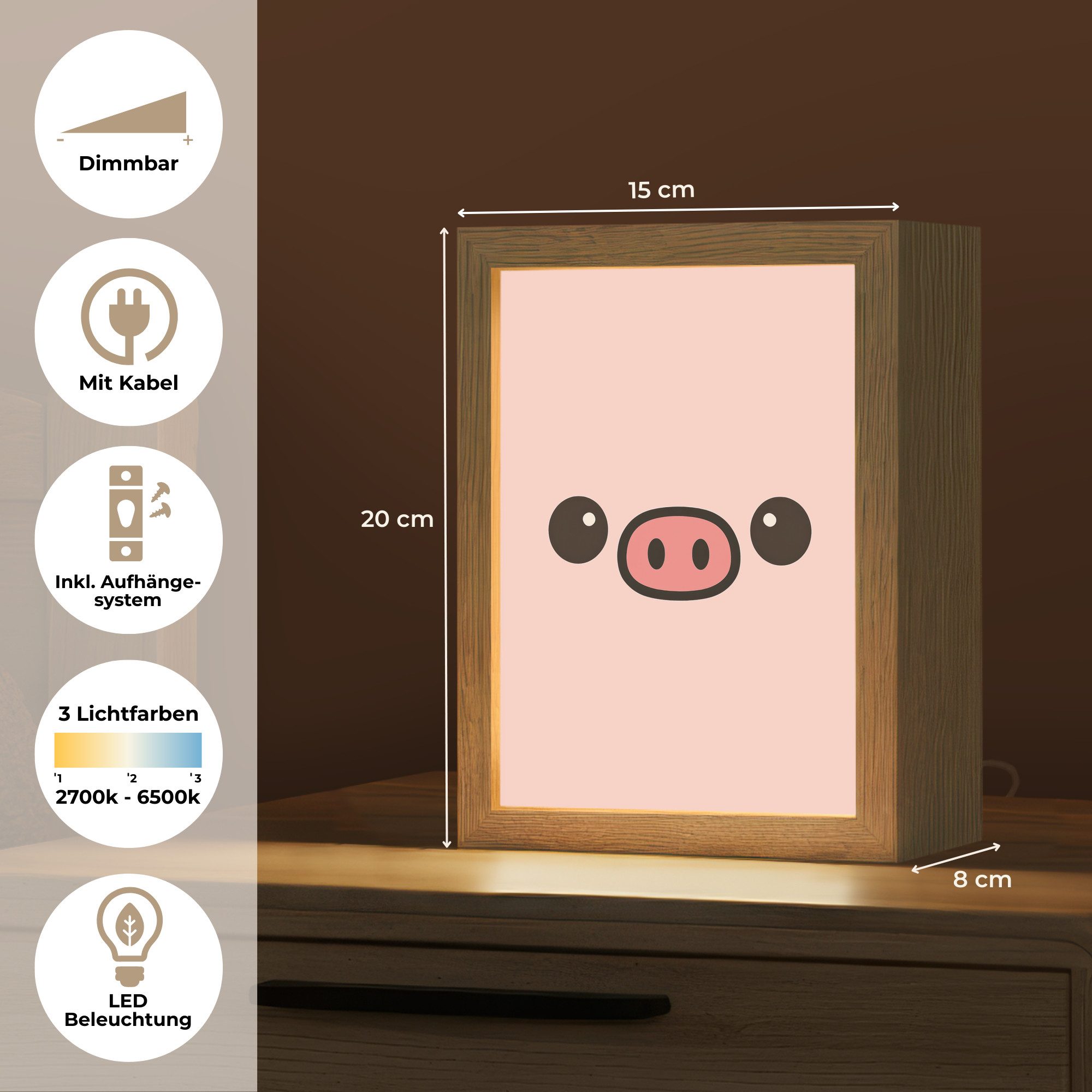 OnlyWow Nachttischlampe Lightbox Schwein - Rosa - Minimalistisch - Mädchen, Dimmbar, Farbwechsel, LED, Warmweiß, Kaltweiß, Neutralweiß Einstellbar, Kinderzimmer, Babyzimmer, Dimmbar, mit Kabel, Nachtlampe, LED