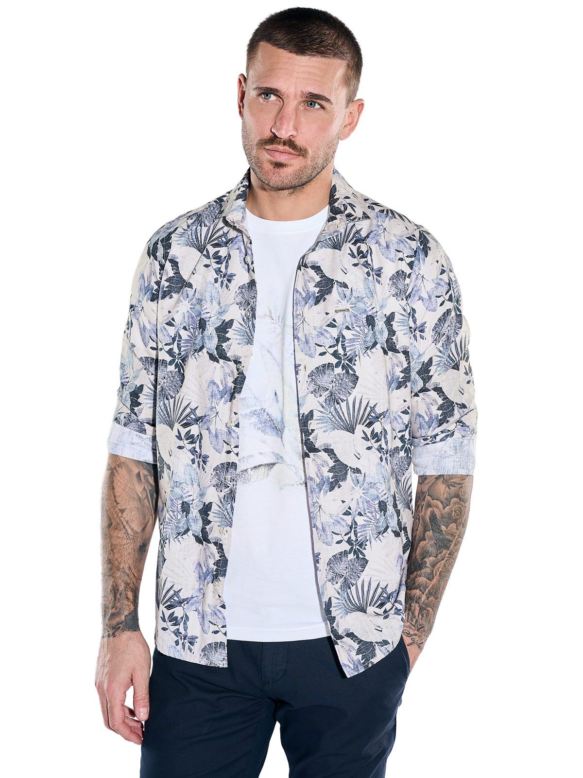 Langarmhemd Herren Langarmhemd mit floralem Print, Saphirblau